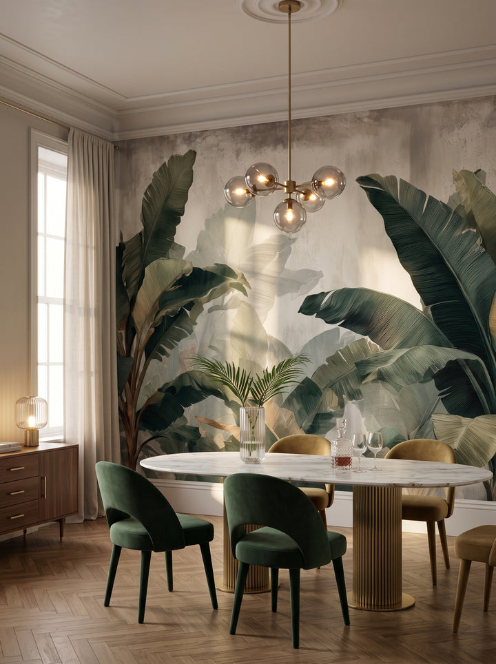 Fototapeta artystyczna o nazwie TROPICAL SHADOWS w aranżacji wnętrza: jadalnia w nowoczesnym stylu klasycznym w kamienicy.
