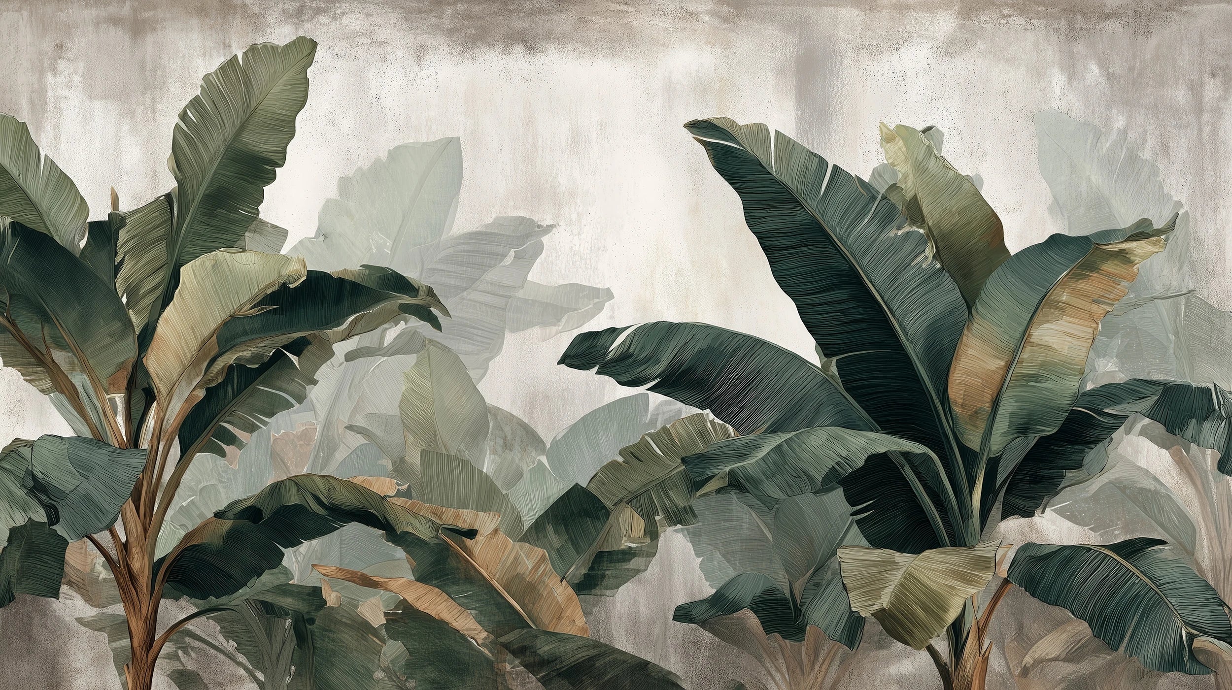 Pattern preview: Prezentacja całego wzoru fototapety o nazwie TROPICAL SHADOWS - tapeta z tropikalnymi liśćmi bananowca w artystycznym stylu