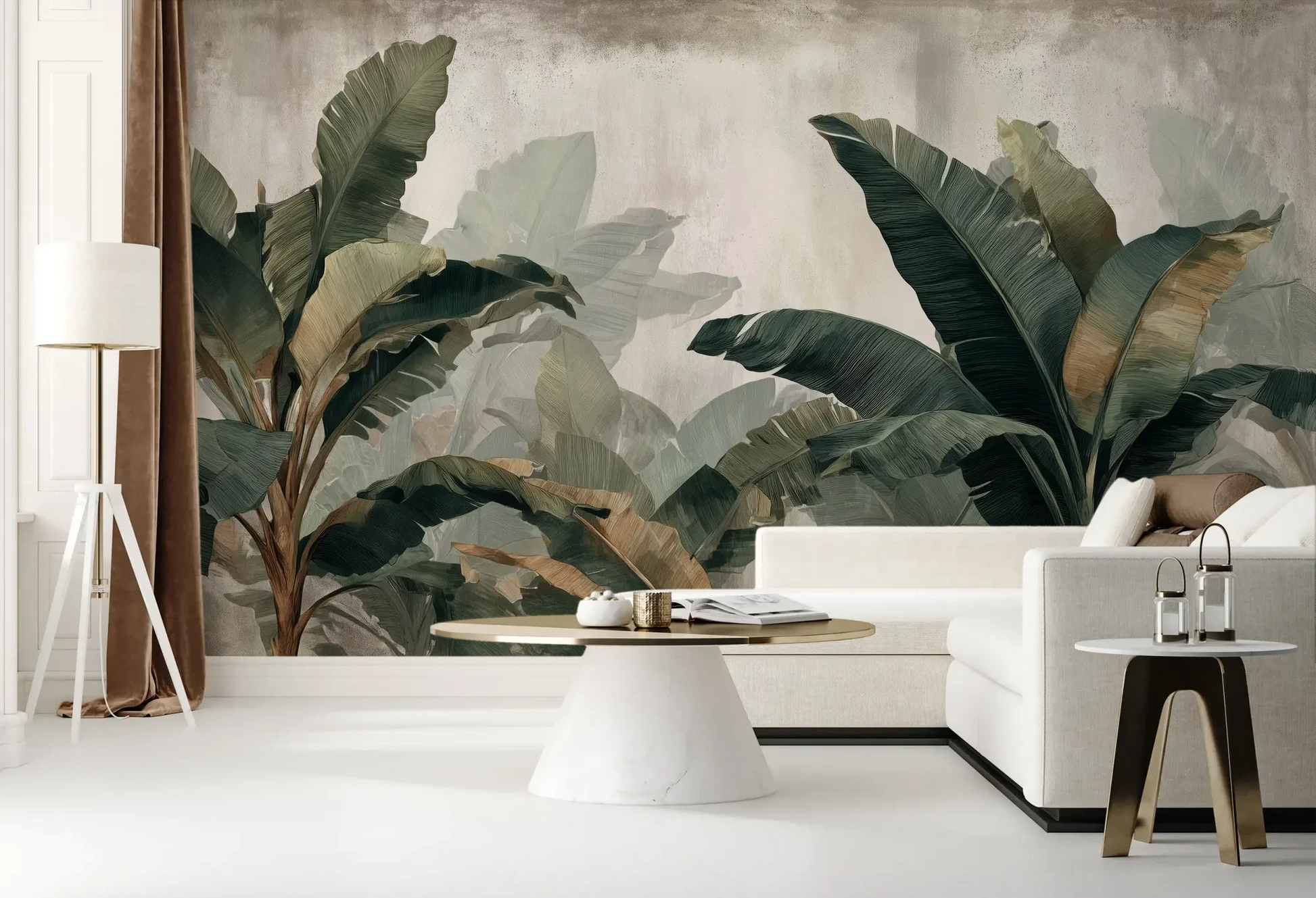 Wzór fototapety TROPICAL SHADOWS - tapeta z tropikalnymi liśćmi bananowca w artystycznym stylu pokazanej w aranżacji salonu.