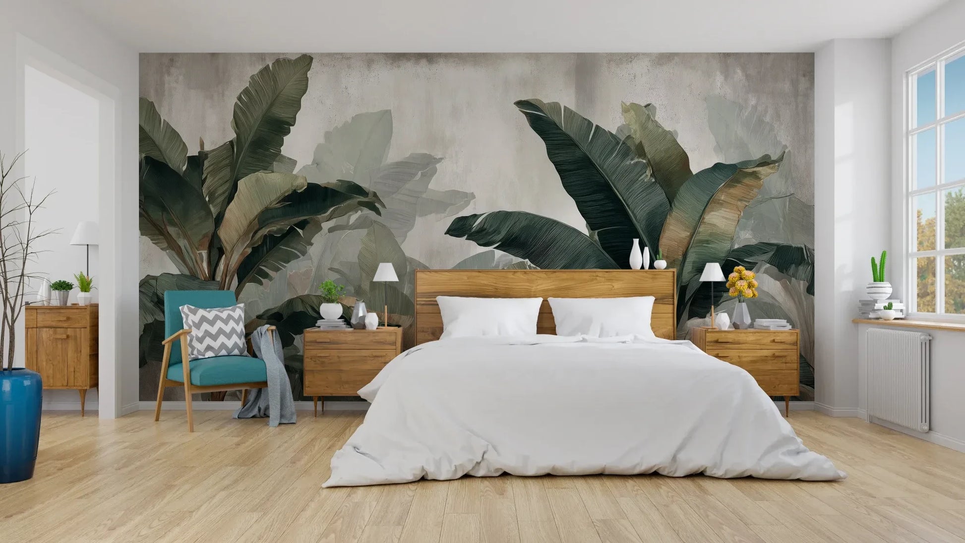 Wzór fototapety TROPICAL SHADOWS - tapeta z tropikalnymi liśćmi bananowca w artystycznym stylu pokazanej w aranżacji sypialni.