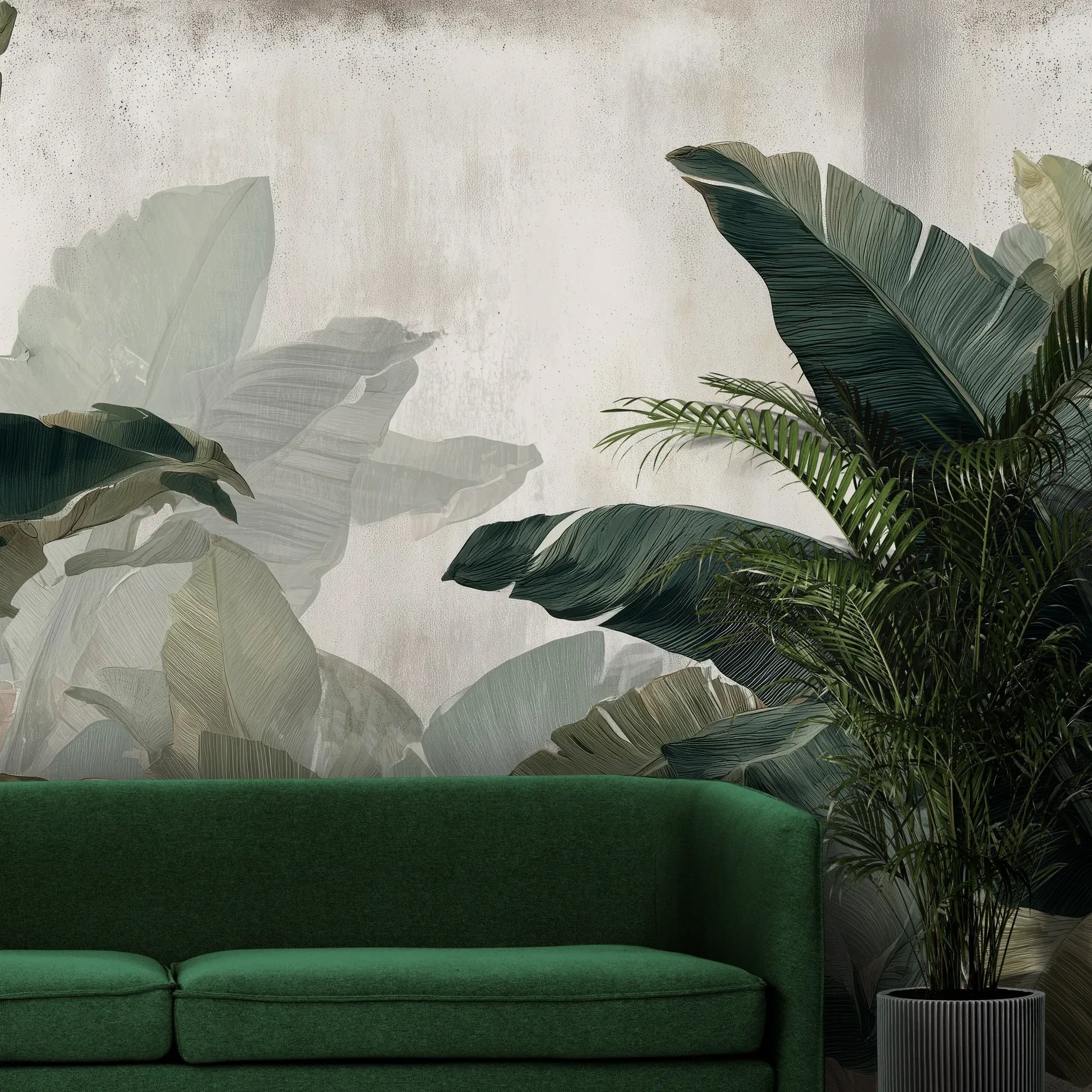 Fototapeta TROPICAL SHADOWS - tapeta z tropikalnymi liśćmi bananowca w artystycznym stylu pokazana w aranżacji wnętrza z akcentem na ścianie.