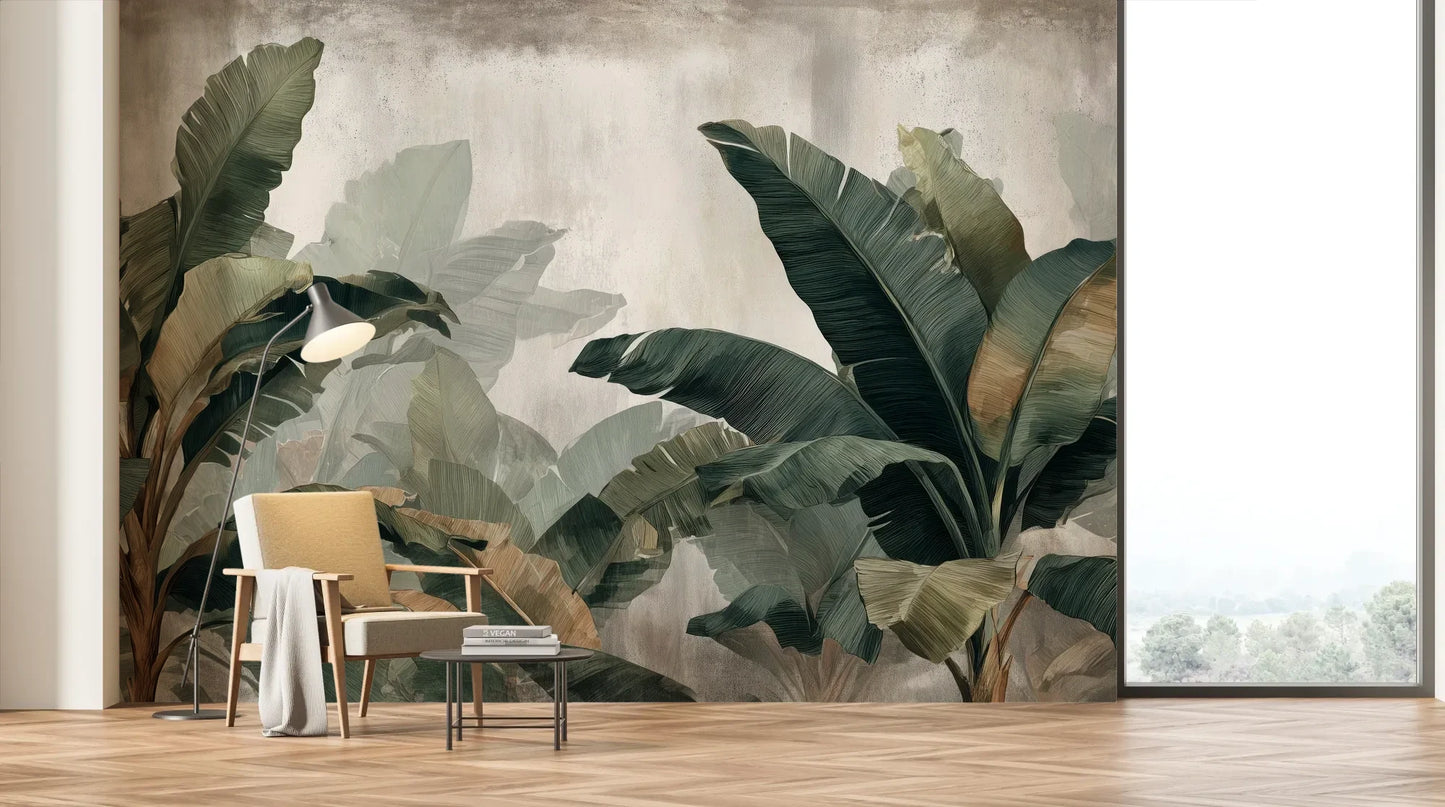 Wzór fototapety TROPICAL SHADOWS - tapeta z tropikalnymi liśćmi bananowca w artystycznym stylu pokazanej w aranżacji salonu.