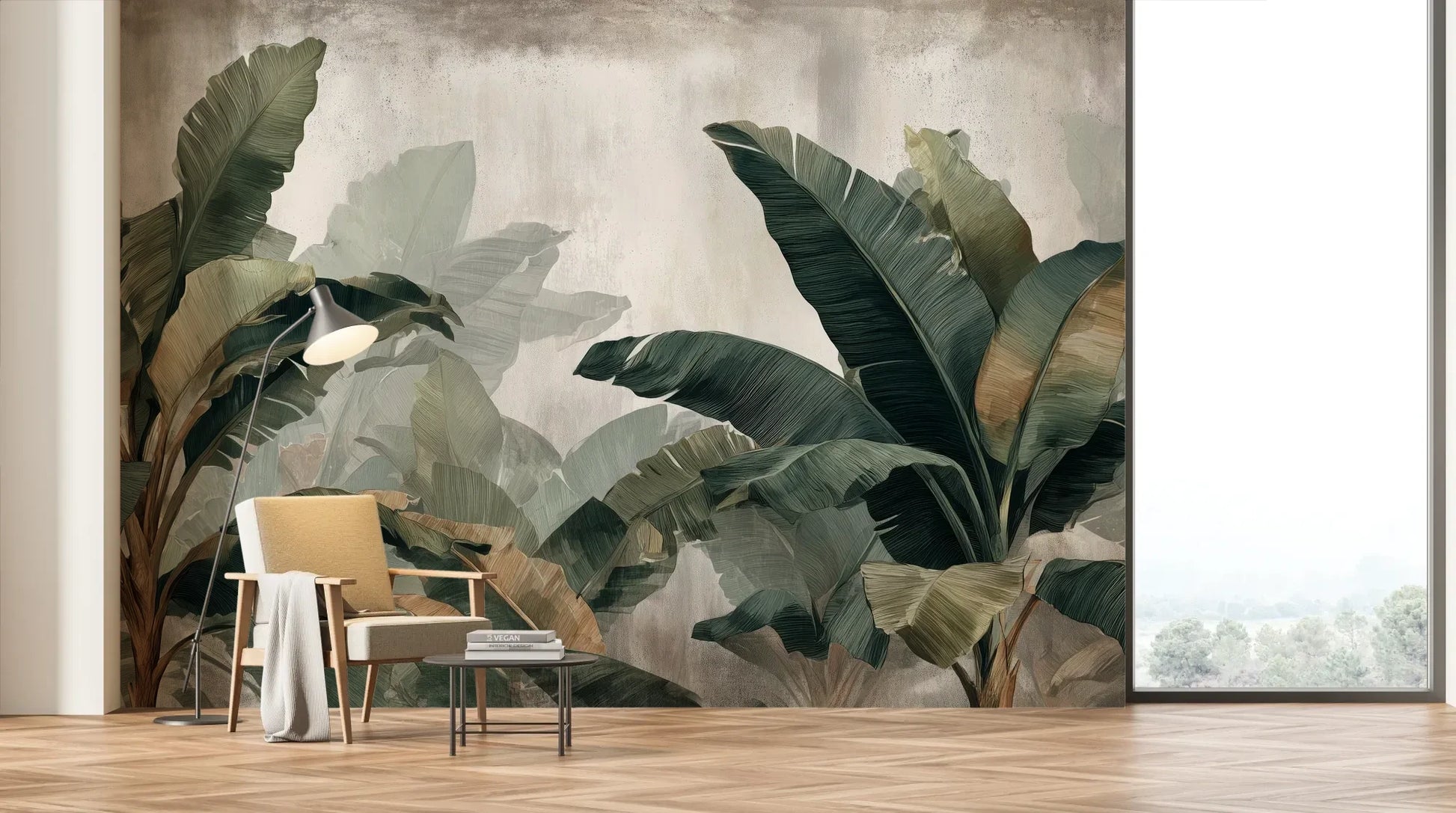 Wzór fototapety TROPICAL SHADOWS - tapeta z tropikalnymi liśćmi bananowca w artystycznym stylu pokazanej w aranżacji salonu.