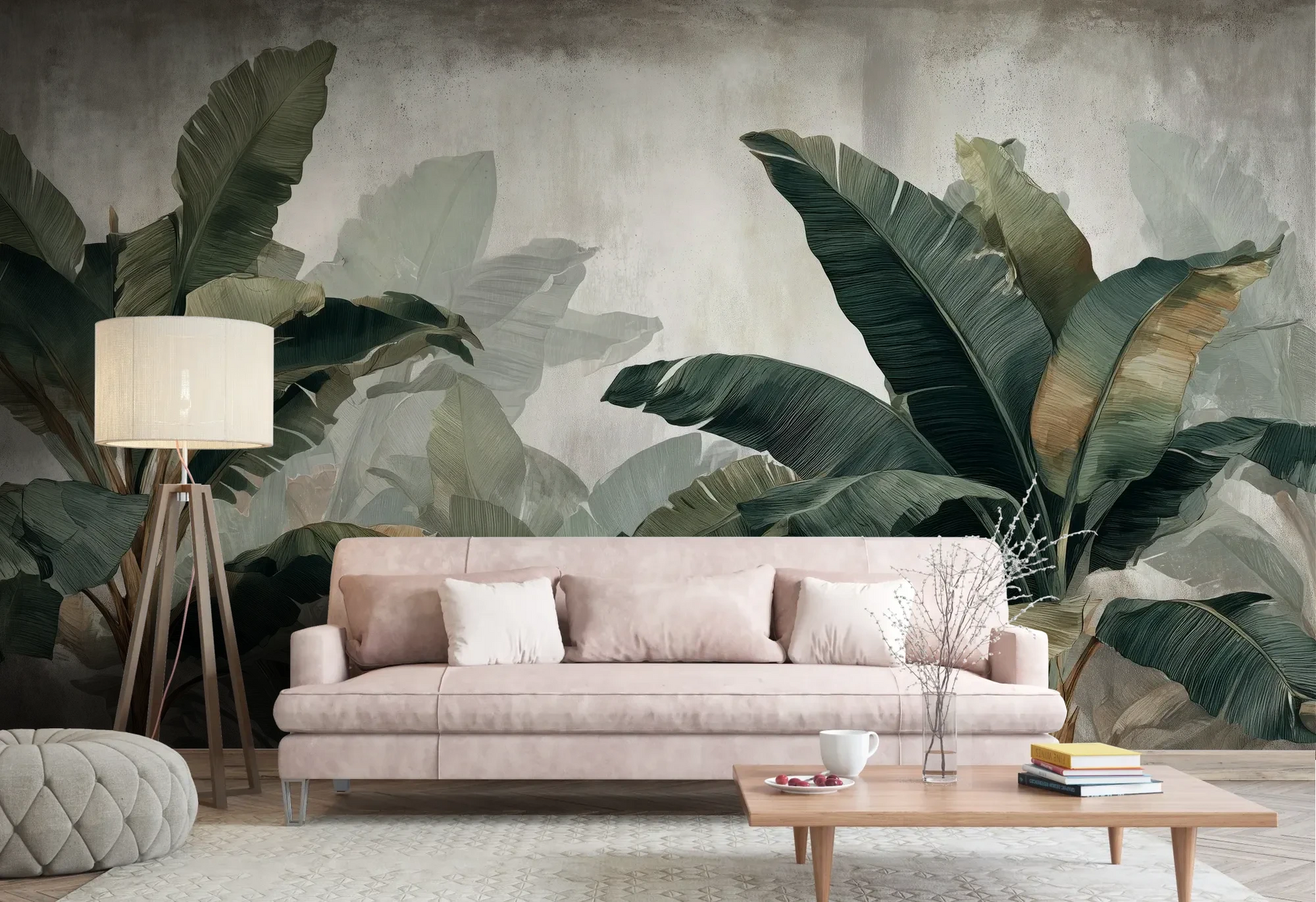 Wzór fototapety TROPICAL SHADOWS - tapeta z tropikalnymi liśćmi bananowca w artystycznym stylu pokazanej w aranżacji salonu.