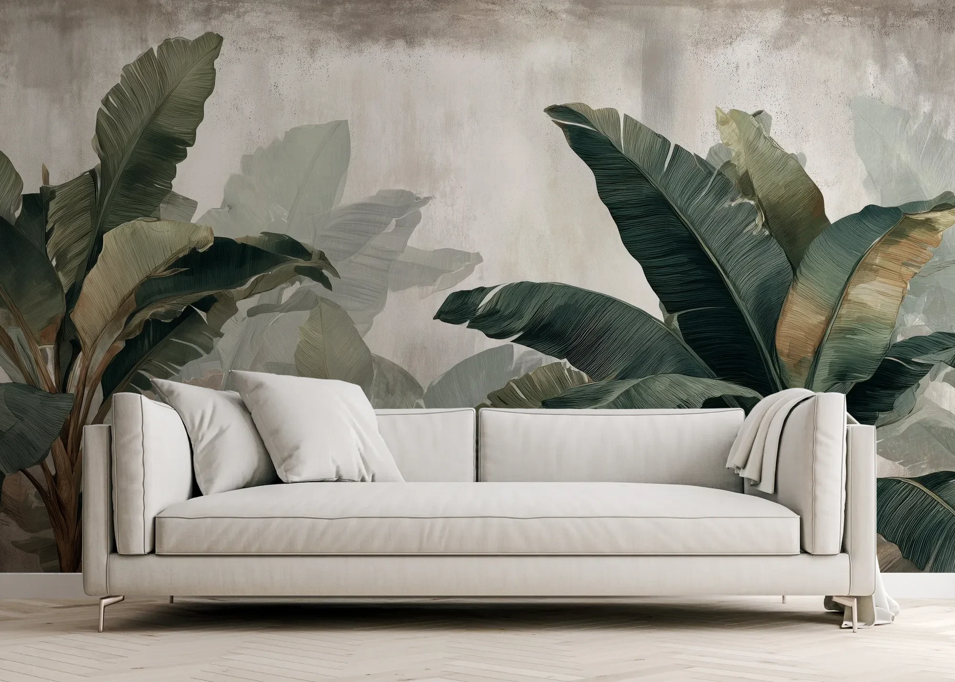 Wzór fototapety TROPICAL SHADOWS - tapeta z tropikalnymi liśćmi bananowca w artystycznym stylu pokazanej w aranżacji salonu.
