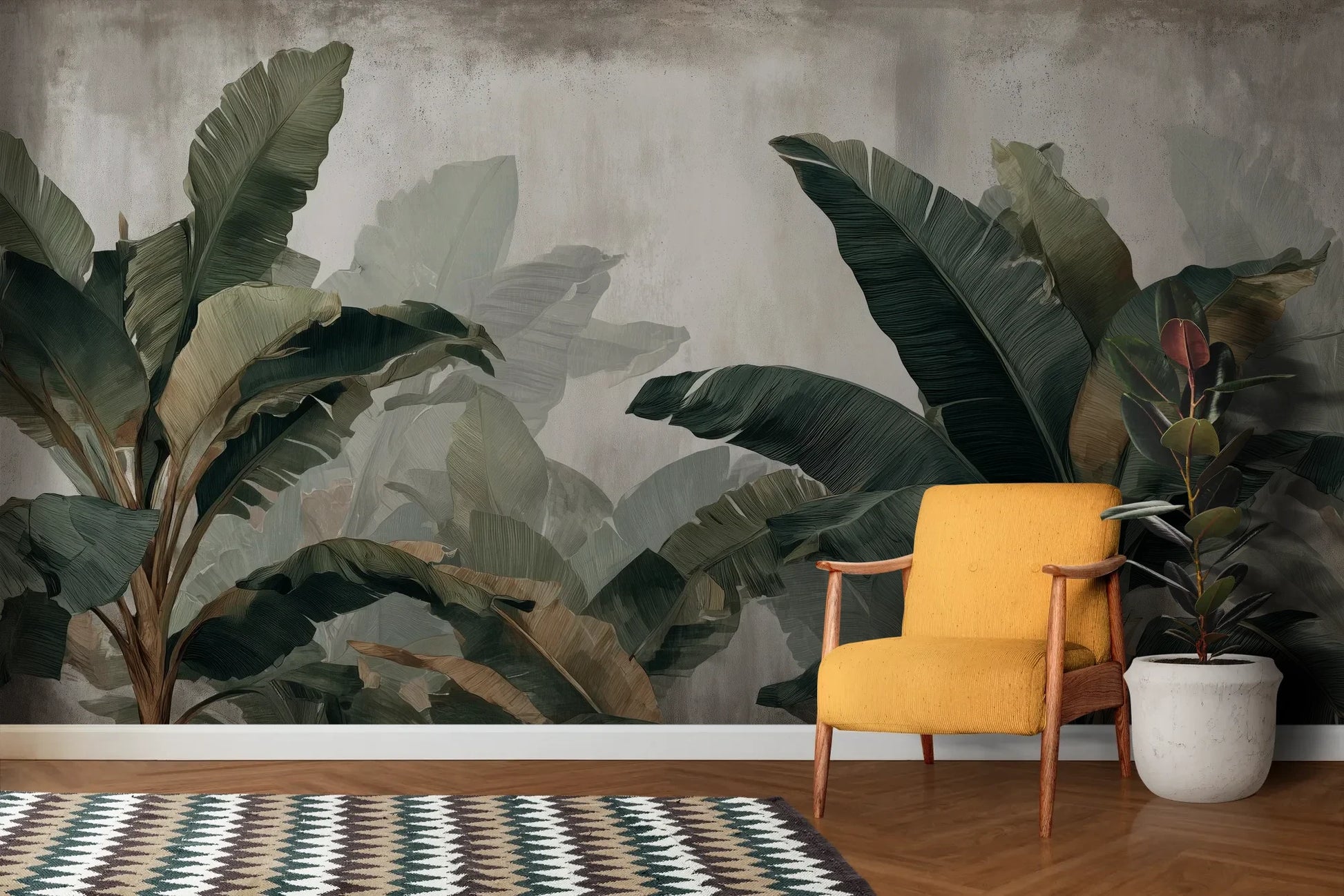 Wzór fototapety TROPICAL SHADOWS - tapeta z tropikalnymi liśćmi bananowca w artystycznym stylu pokazanej w aranżacji salonu.