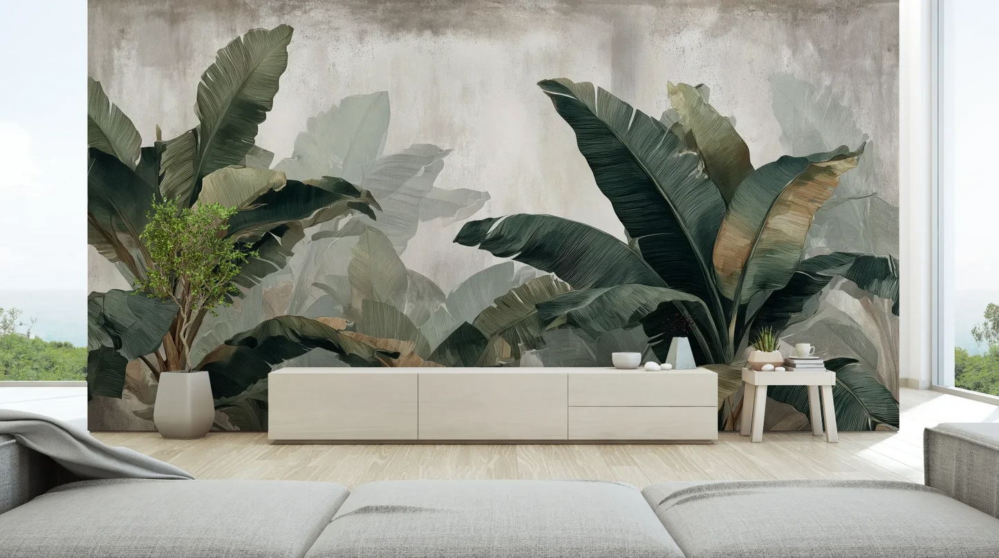 Wzór fototapety TROPICAL SHADOWS - tapeta z tropikalnymi liśćmi bananowca w artystycznym stylu pokazanej w aranżacji salonu.