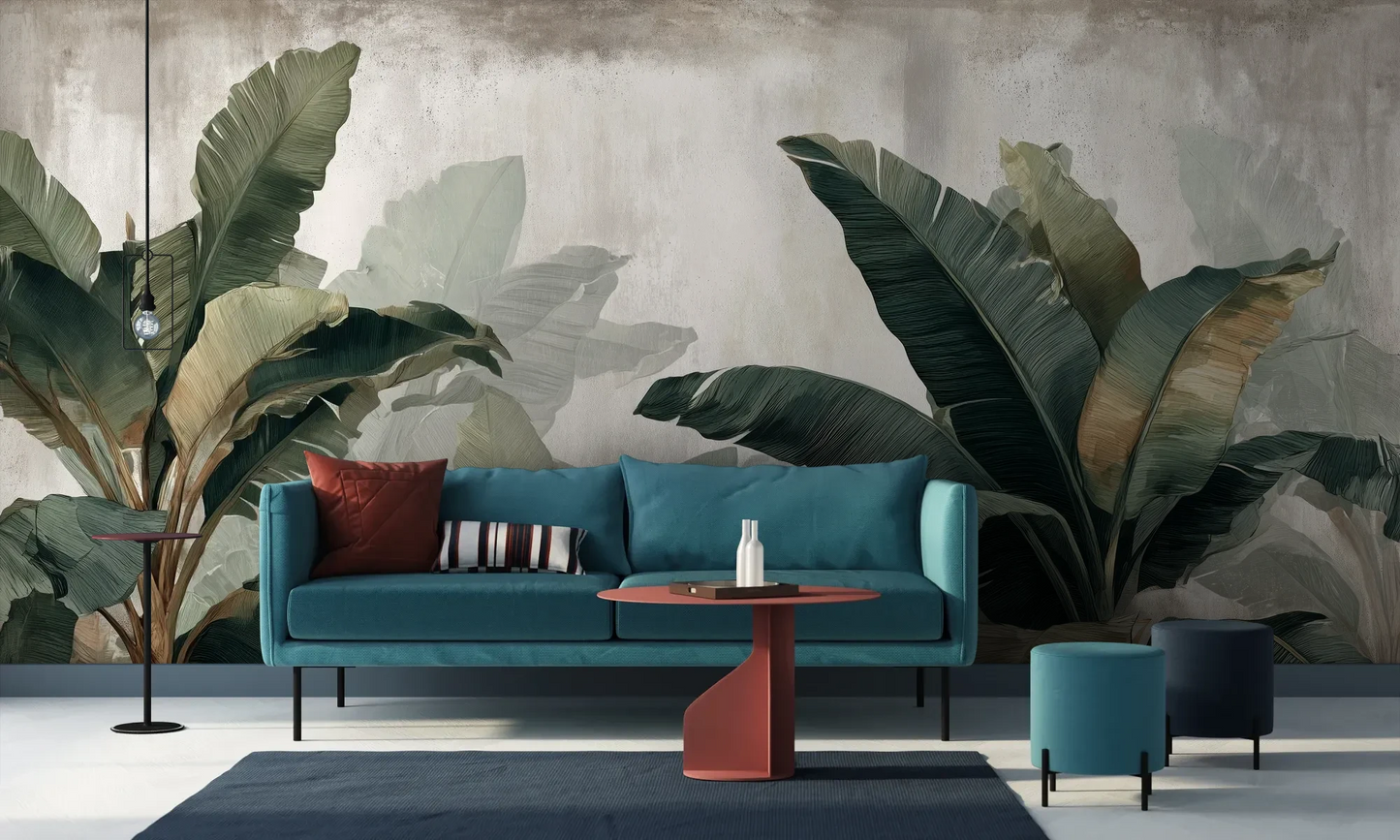 Wzór fototapety TROPICAL SHADOWS - tapeta z tropikalnymi liśćmi bananowca w artystycznym stylu pokazanej w aranżacji salonu.