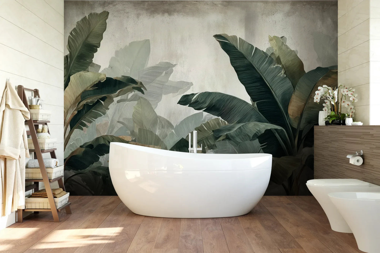 Wzór fototapety TROPICAL SHADOWS - tapeta z tropikalnymi liśćmi bananowca w artystycznym stylu pokazanej w aranżacji łazienki.