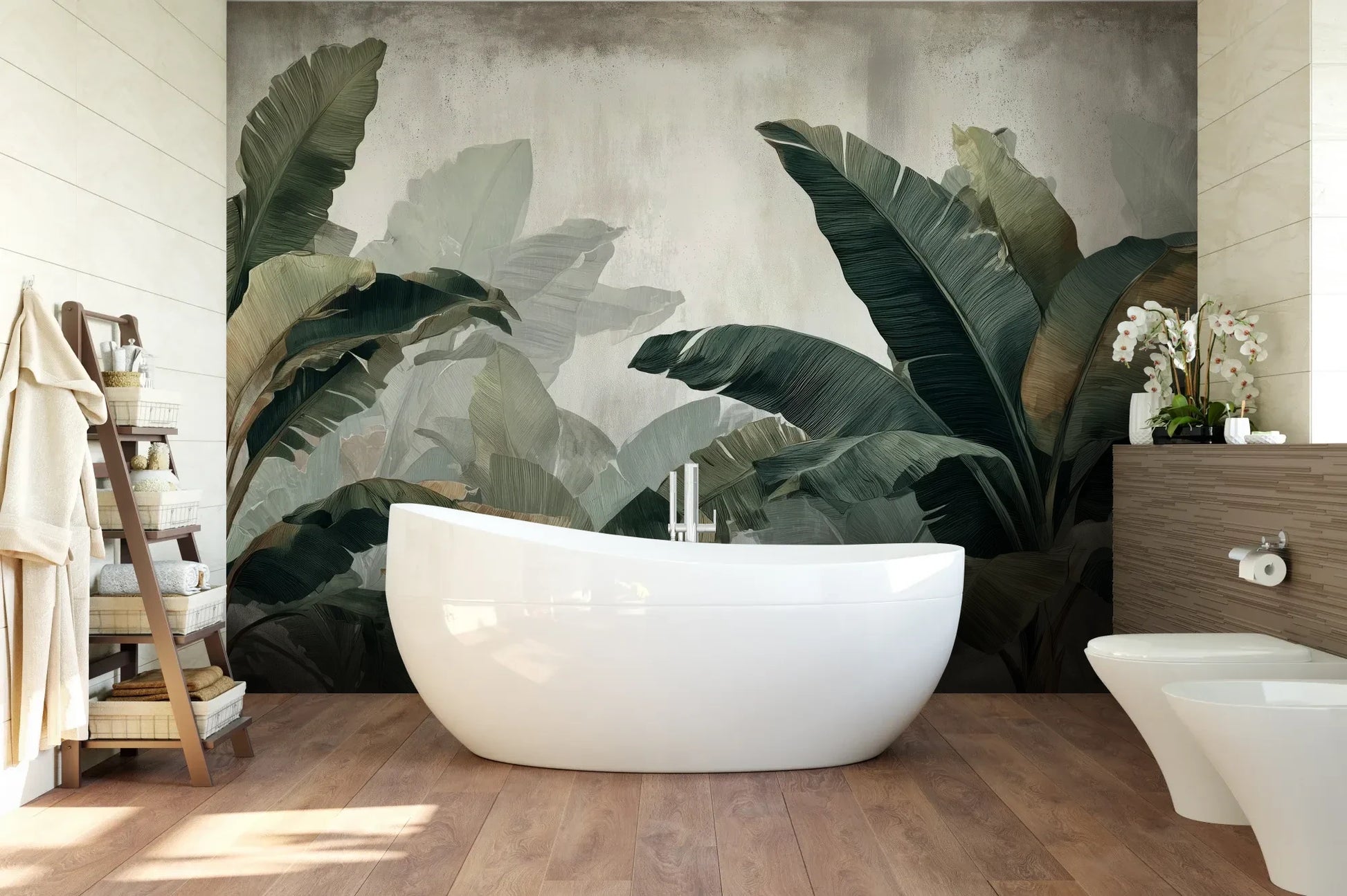 Wzór fototapety TROPICAL SHADOWS - tapeta z tropikalnymi liśćmi bananowca w artystycznym stylu pokazanej w aranżacji łazienki.