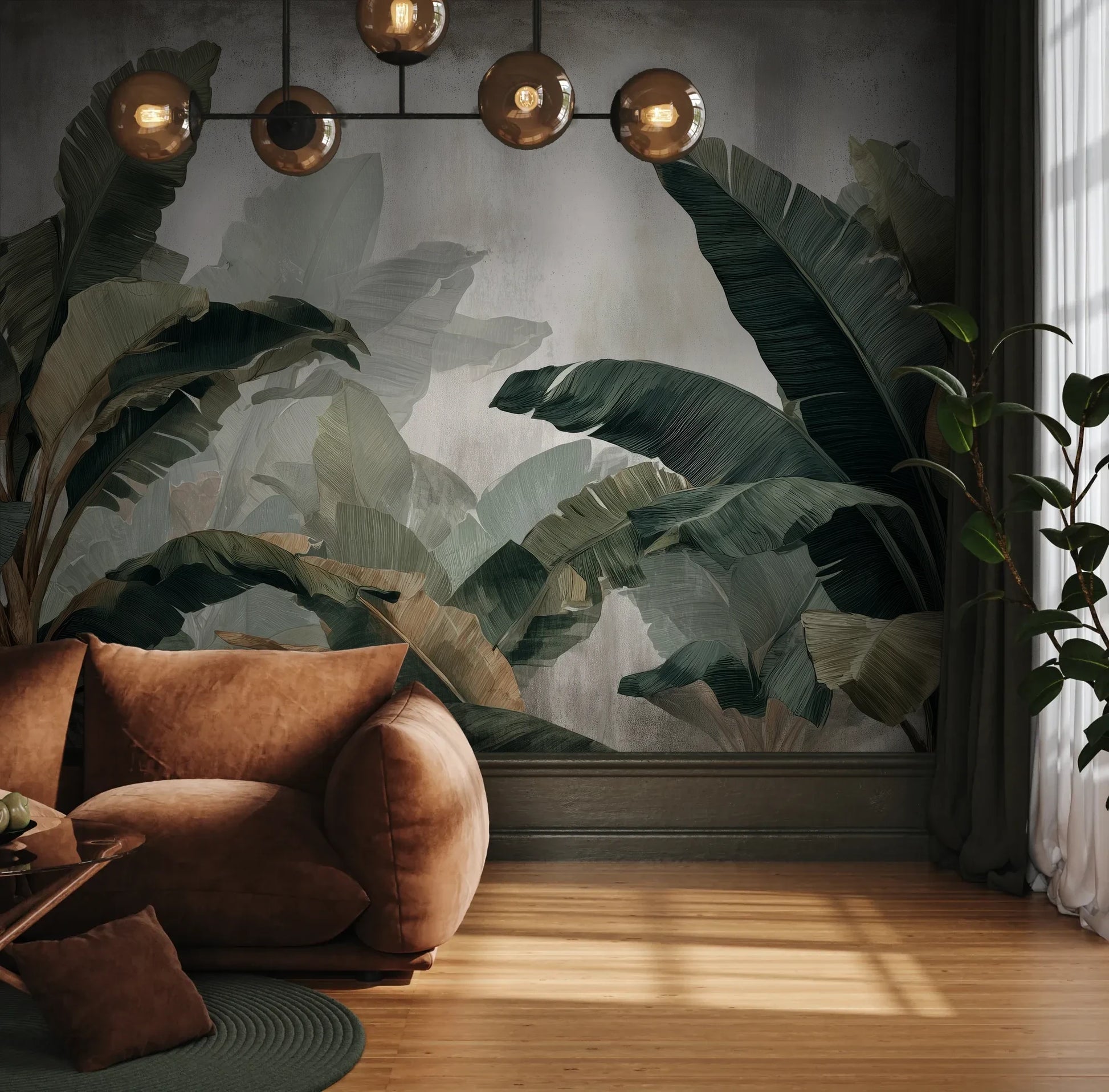 Fototapeta TROPICAL SHADOWS - tapeta z tropikalnymi liśćmi bananowca w artystycznym stylu pokazana w aranżacji wnętrza z akcentem na ścianie.