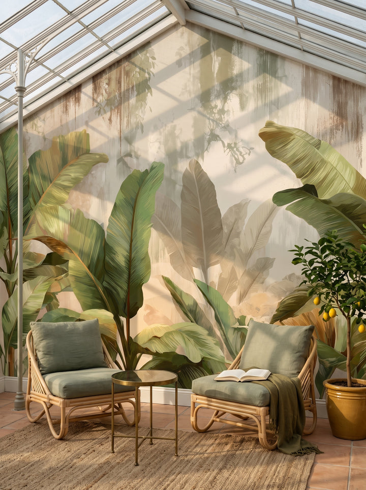 Fototapeta artystyczna o nazwie TROPICAL ELEGANCE w aranżacji wnętrza: czytelnia w żeliwnej oranżerii.
