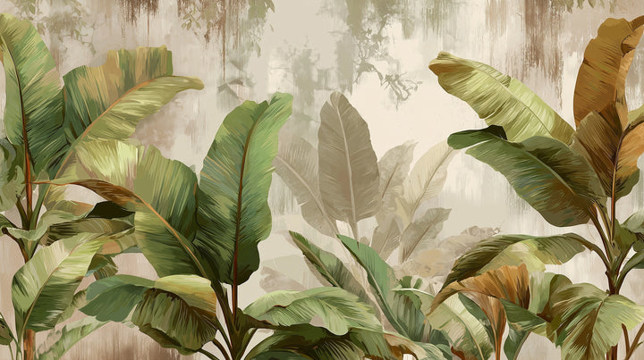 Prezentacja całego wzoru fototapety o nazwie TROPICAL ELEGANCE - tapeta z motywem bananowych liści