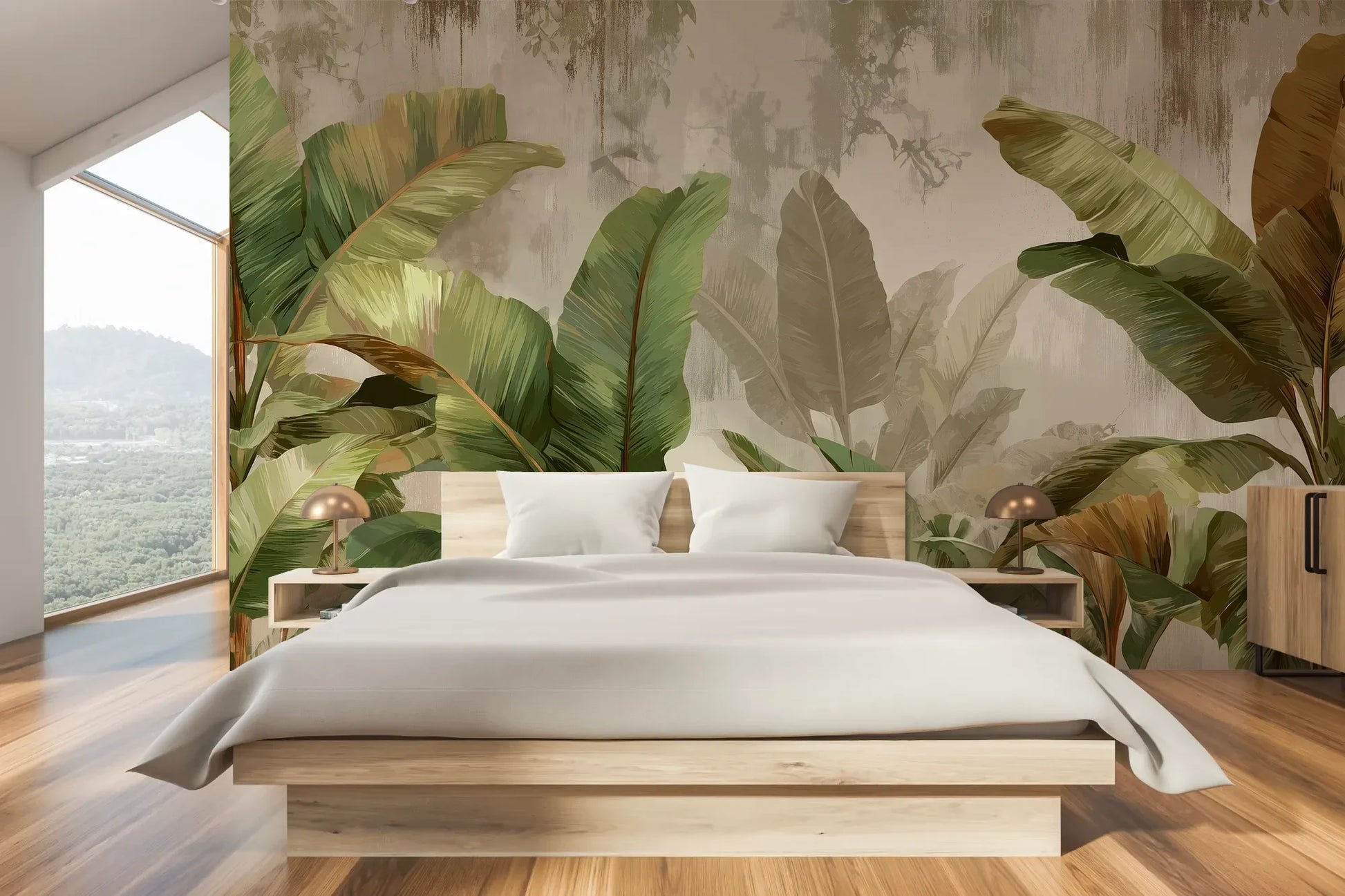 Wzór fototapety TROPICAL ELEGANCE - tapeta z motywem bananowych liści pokazanej w aranżacji sypialni.