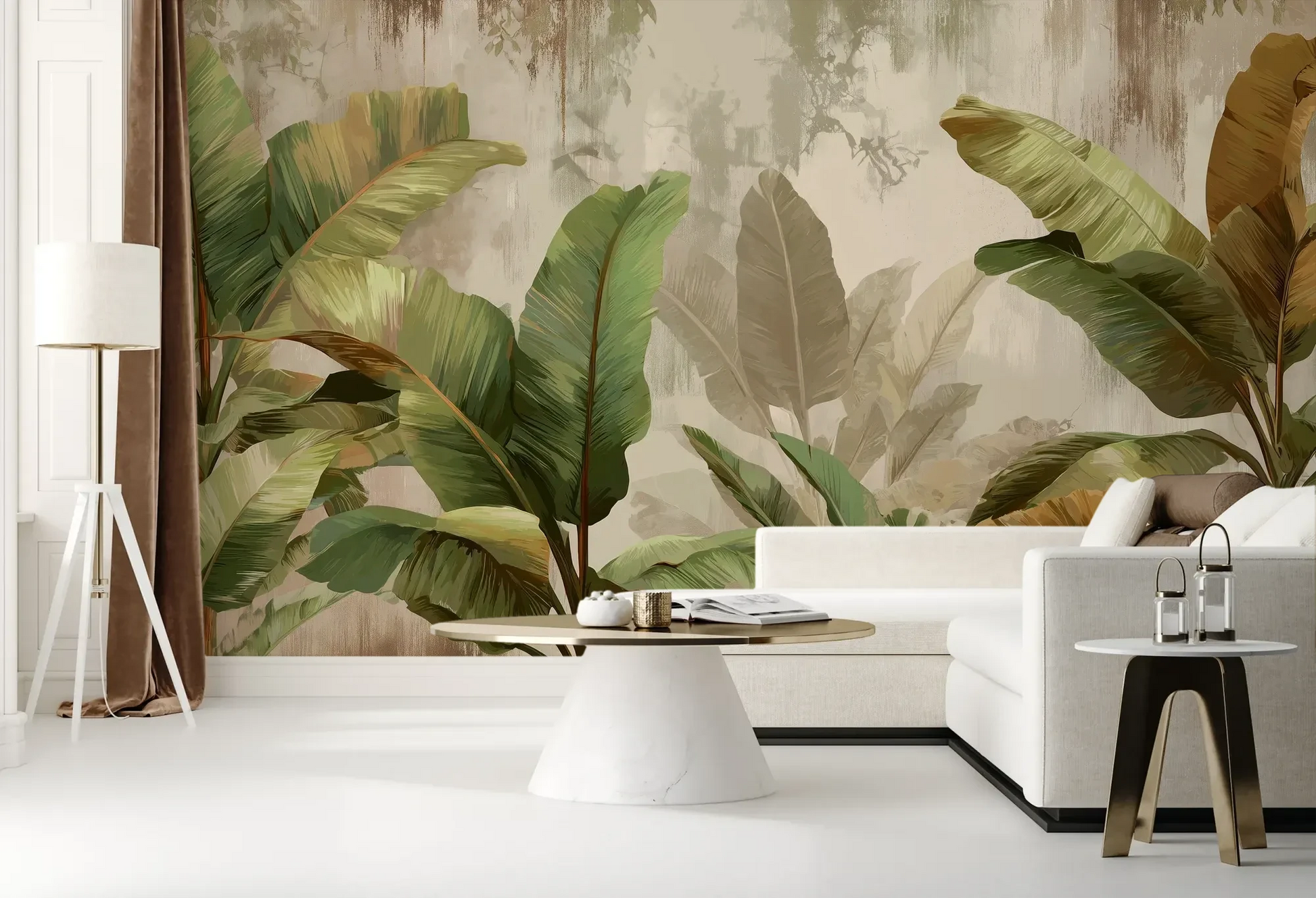 Wzór fototapety TROPICAL ELEGANCE - tapeta z motywem bananowych liści pokazanej w aranżacji salonu.