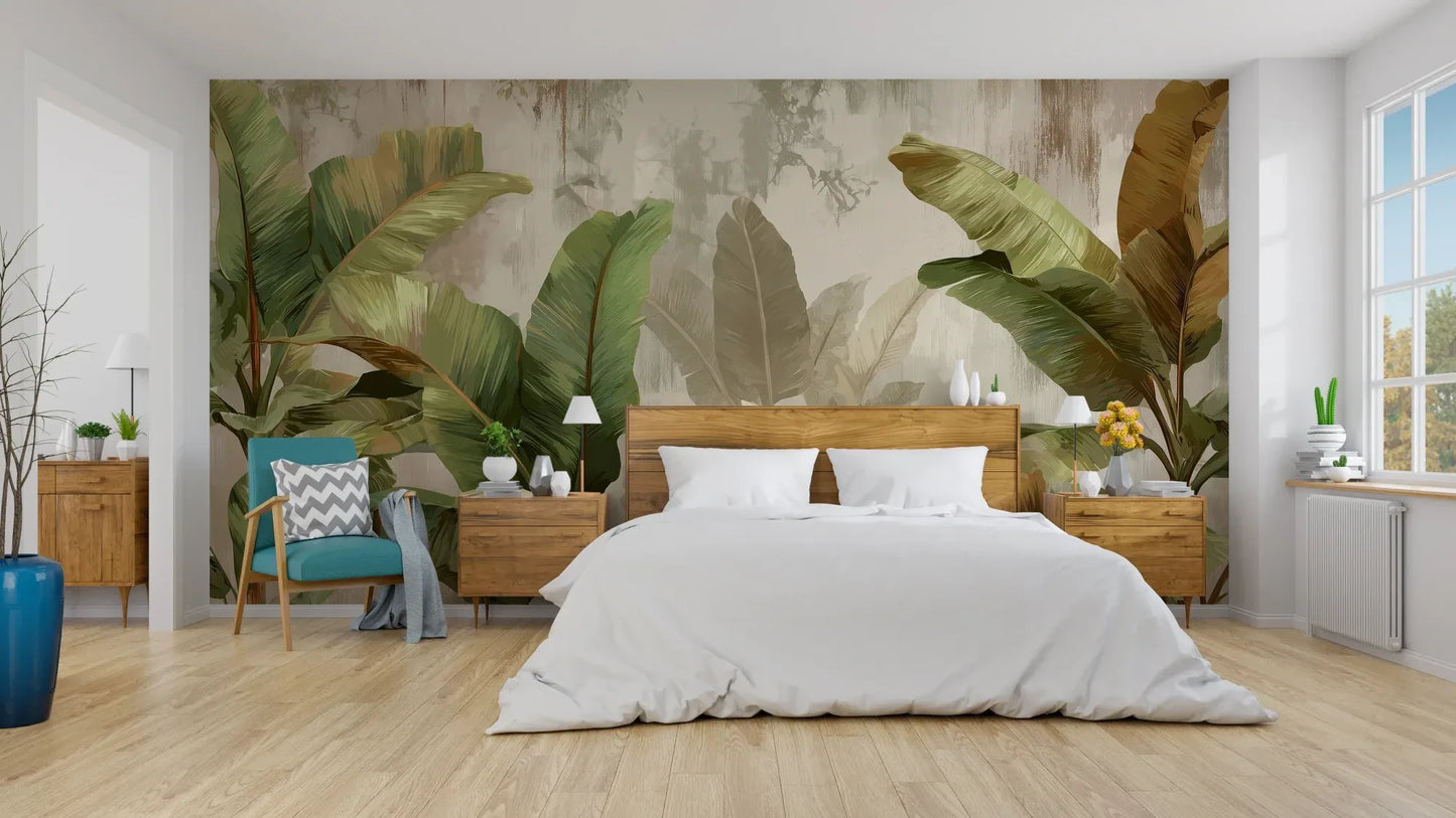 Wzór fototapety TROPICAL ELEGANCE - tapeta z motywem bananowych liści pokazanej w aranżacji sypialni.