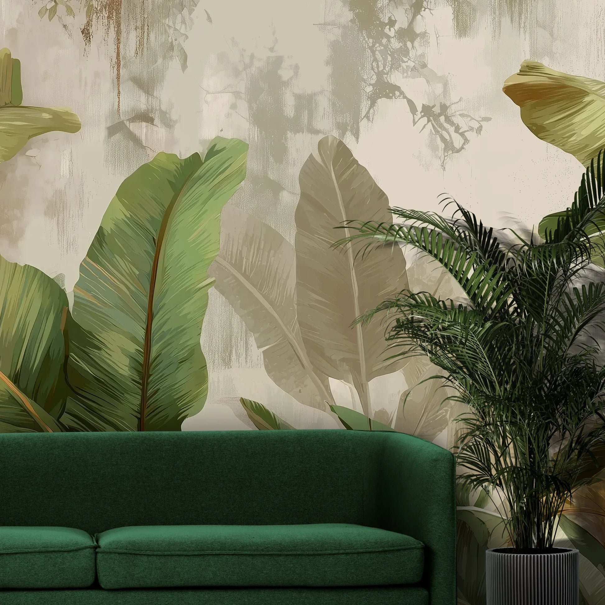 Fototapeta TROPICAL ELEGANCE - tapeta z motywem bananowych liści pokazana w aranżacji wnętrza z akcentem na ścianie.