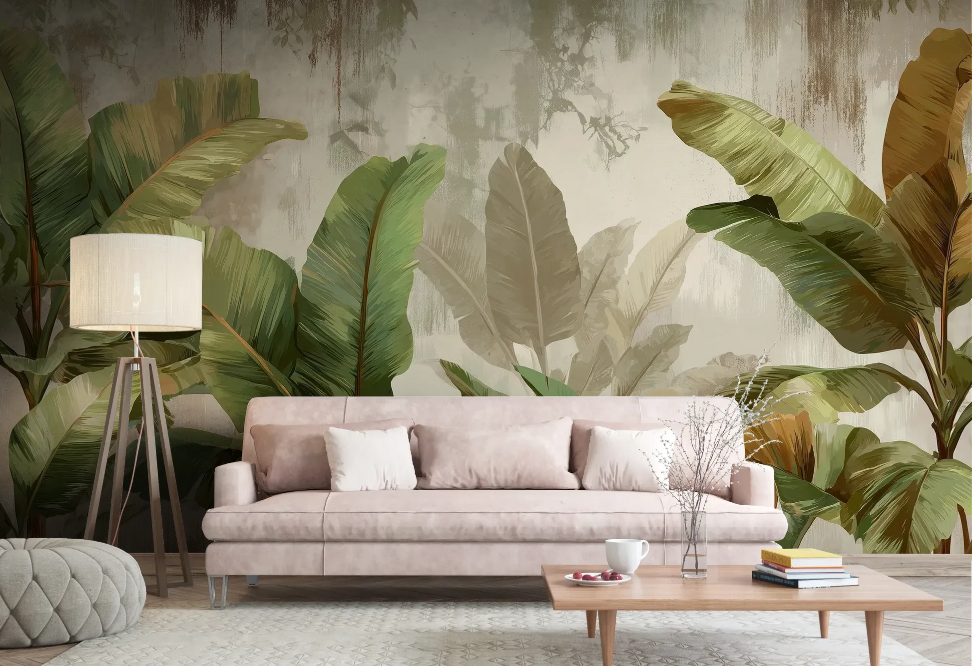 Wzór fototapety TROPICAL ELEGANCE - tapeta z motywem bananowych liści pokazanej w aranżacji salonu.