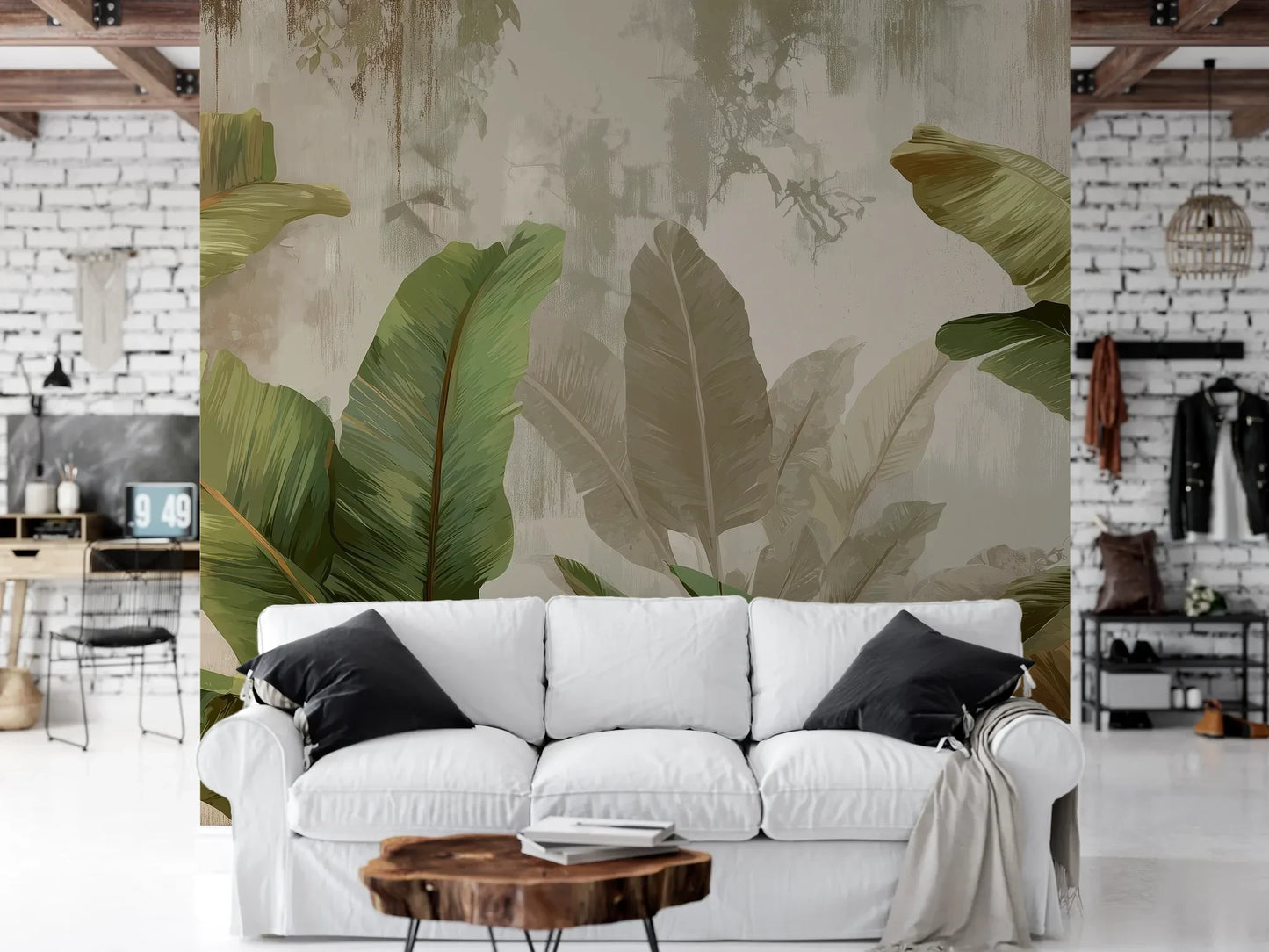 Wzór fototapety TROPICAL ELEGANCE - tapeta z motywem bananowych liści pokazanej w aranżacji salonu.