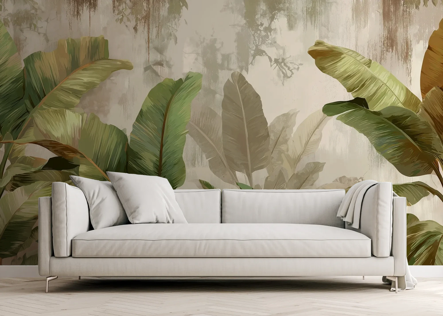 Wzór fototapety TROPICAL ELEGANCE - tapeta z motywem bananowych liści pokazanej w aranżacji salonu.