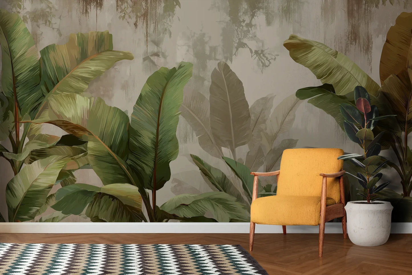 Wzór fototapety TROPICAL ELEGANCE - tapeta z motywem bananowych liści pokazanej w aranżacji salonu.