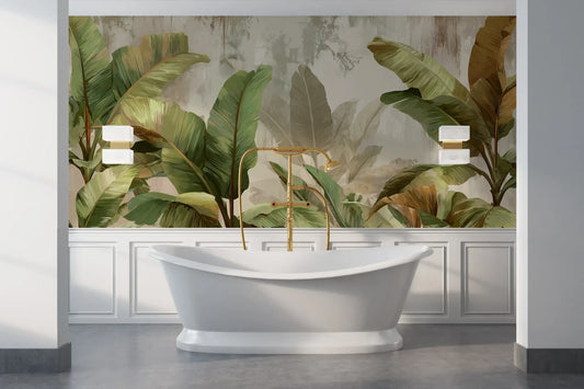Wzór fototapety TROPICAL ELEGANCE - tapeta z motywem bananowych liści pokazanej w aranżacji łazienki.