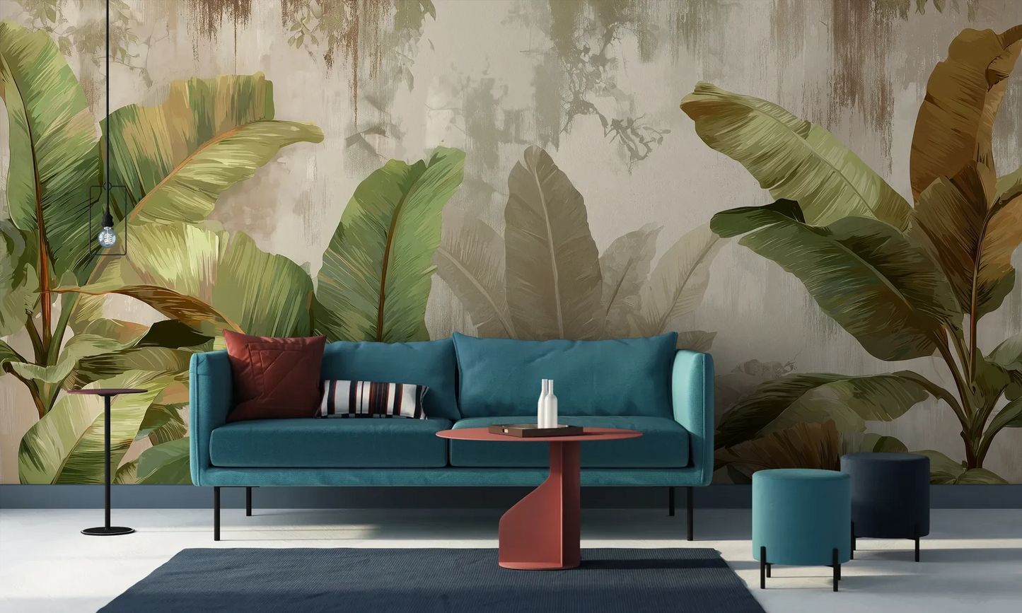 Wzór fototapety TROPICAL ELEGANCE - tapeta z motywem bananowych liści pokazanej w aranżacji salonu.
