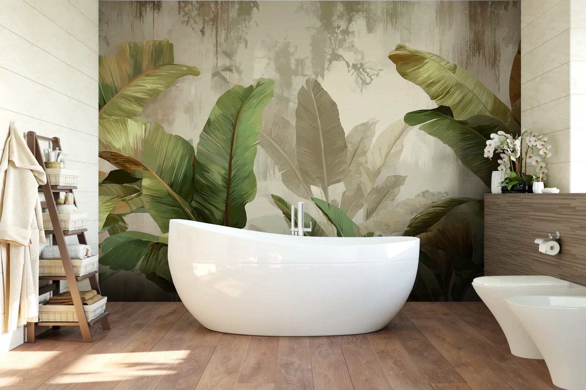 Wzór fototapety TROPICAL ELEGANCE - tapeta z motywem bananowych liści pokazanej w aranżacji łazienki.
