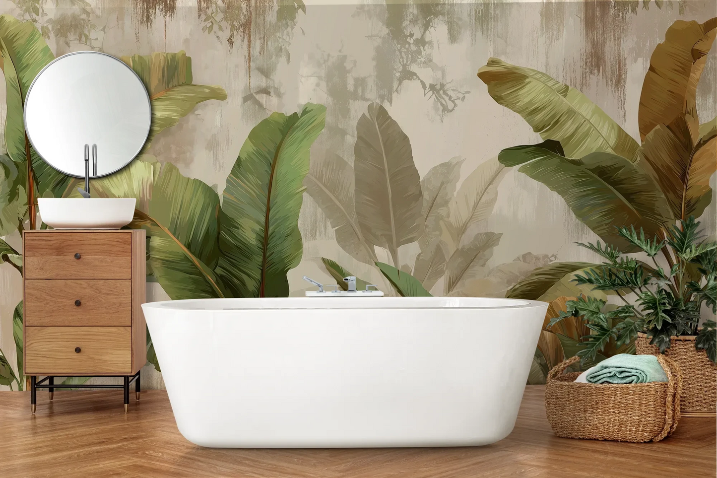 Wzór fototapety TROPICAL ELEGANCE - tapeta z motywem bananowych liści pokazanej w aranżacji łazienki.