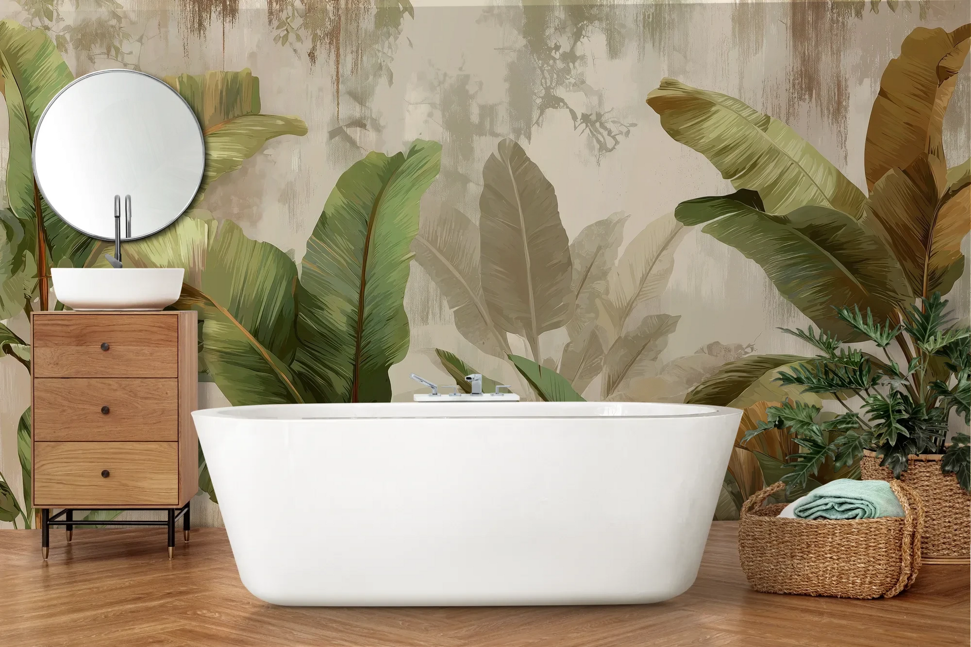 Wzór fototapety TROPICAL ELEGANCE - tapeta z motywem bananowych liści pokazanej w aranżacji łazienki.