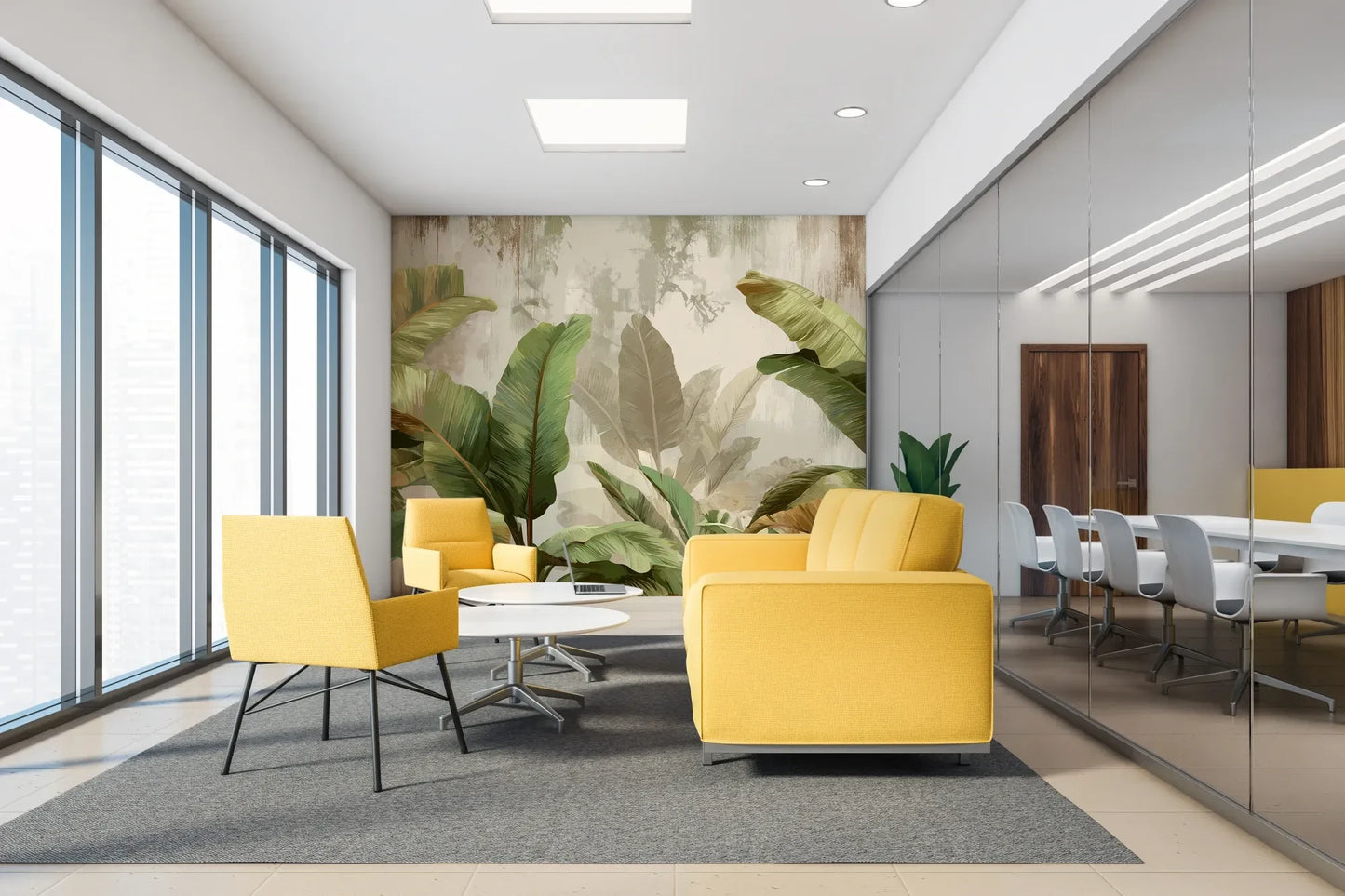 Fototapeta TROPICAL ELEGANCE - tapeta z motywem bananowych liści w aranżacji wnętrza.