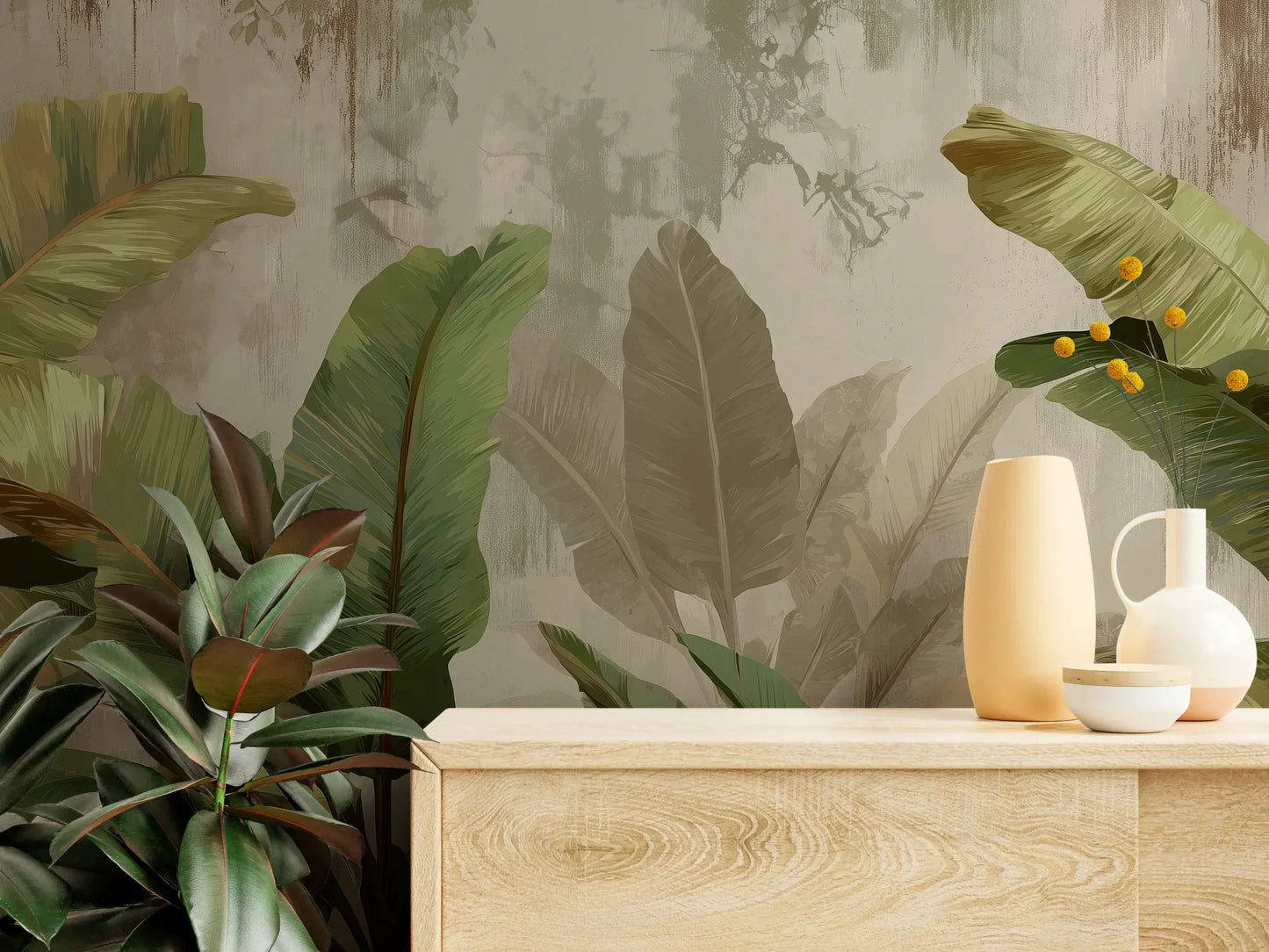 Fototapeta TROPICAL ELEGANCE - tapeta z motywem bananowych liści pokazana w aranżacji wnętrza z akcentem na ścianie.