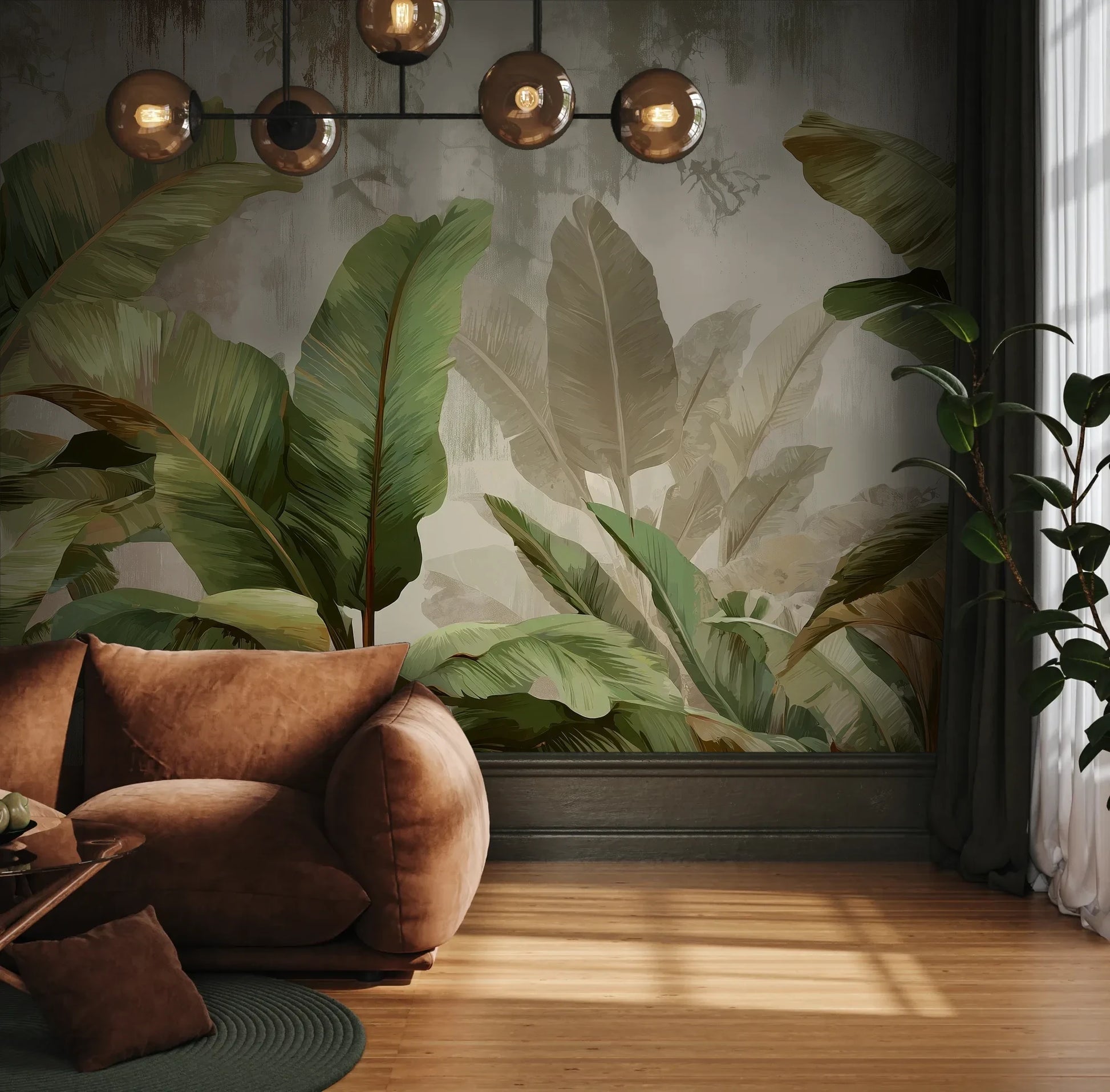 Fototapeta TROPICAL ELEGANCE - tapeta z motywem bananowych liści pokazana w aranżacji wnętrza z akcentem na ścianie.