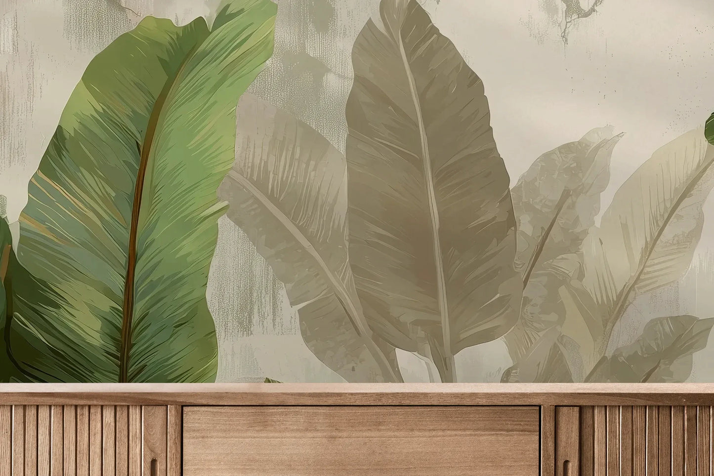 Fototapeta TROPICAL ELEGANCE - tapeta z motywem bananowych liści pokazana w aranżacji wnętrza z akcentem na ścianie.