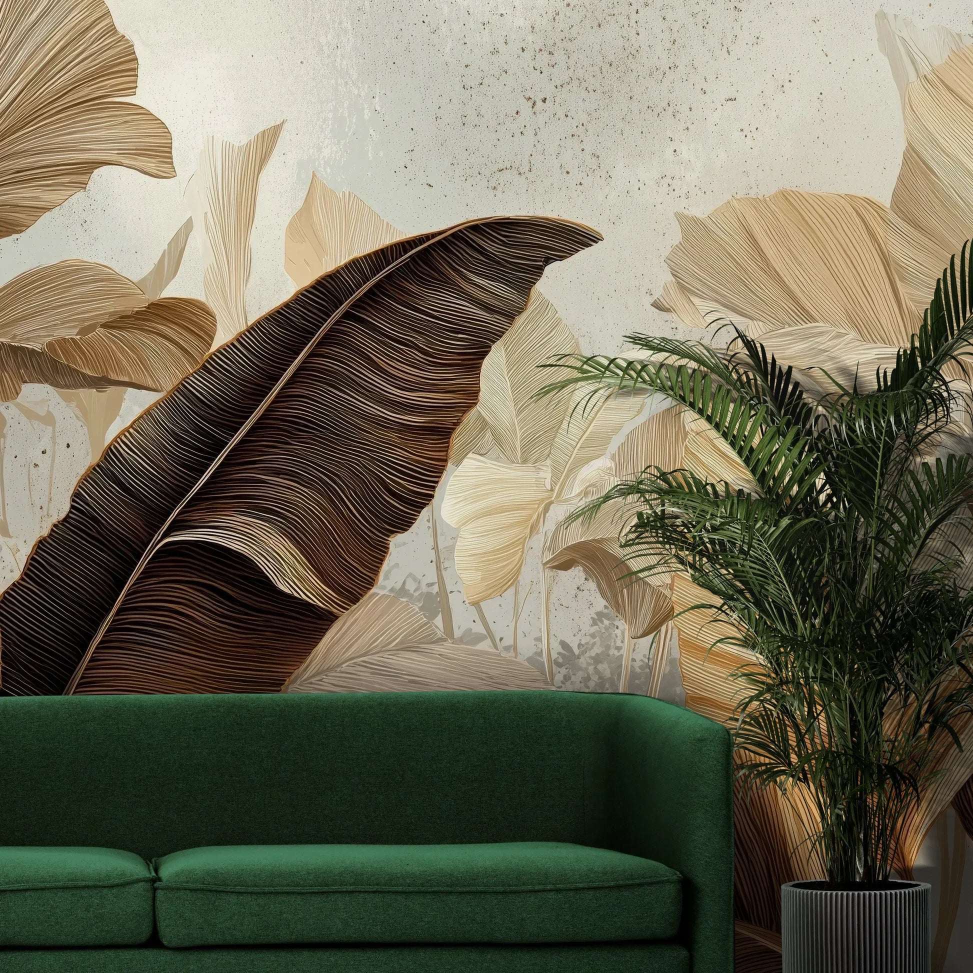 Fototapeta SEPIA MONSTERA - tapeta z egzotycznymi liśćmi w ciepłych odcieniach brązu pokazana w aranżacji wnętrza z akcentem na ścianie.