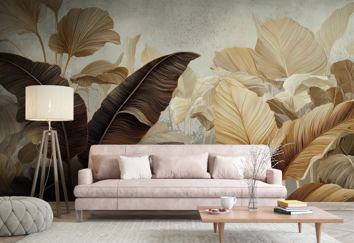 Wzór fototapety SEPIA MONSTERA - tapeta z egzotycznymi liśćmi w ciepłych odcieniach brązu pokazanej w aranżacji salonu.