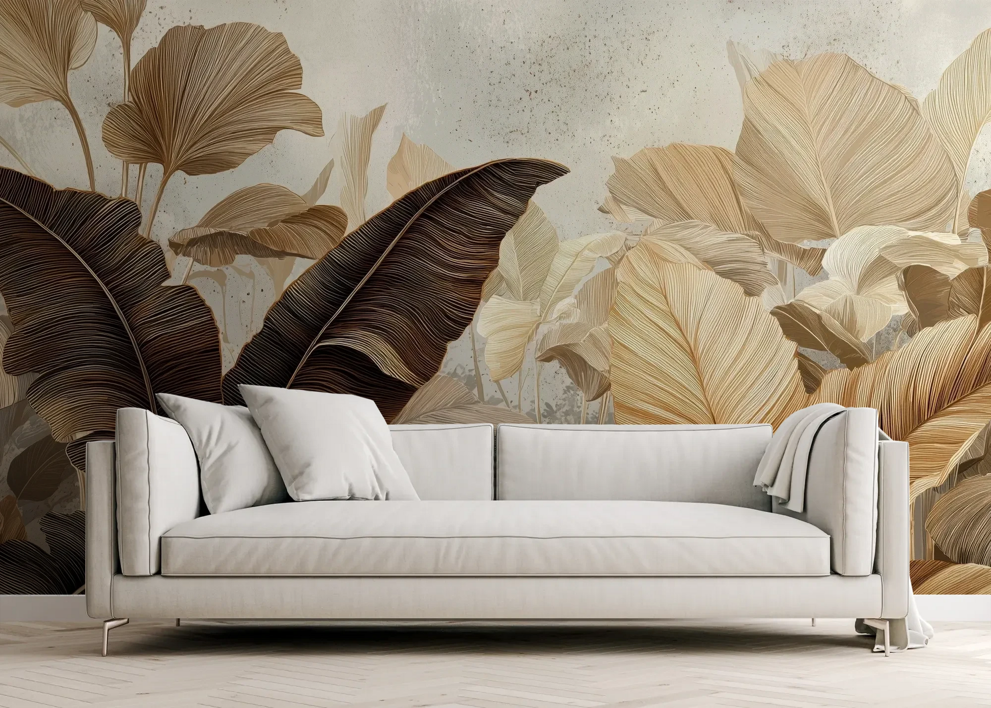 Wzór fototapety SEPIA MONSTERA - tapeta z egzotycznymi liśćmi w ciepłych odcieniach brązu pokazanej w aranżacji salonu.