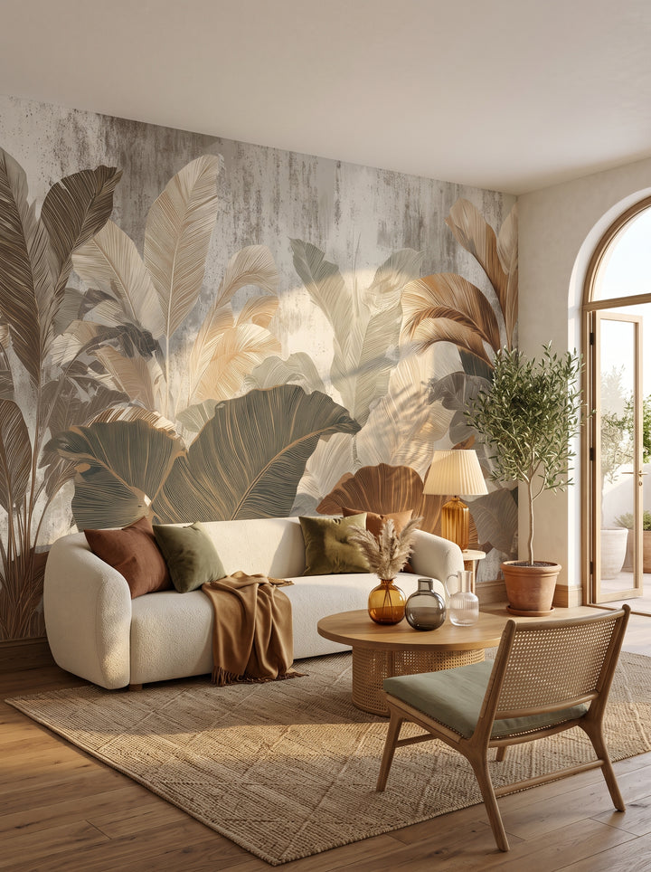 Fototapeta artystyczna o nazwie LEAFY SONATA w aranżacji wnętrza: salon w stylu wyrafinowanego boho z wyjściem na taras.