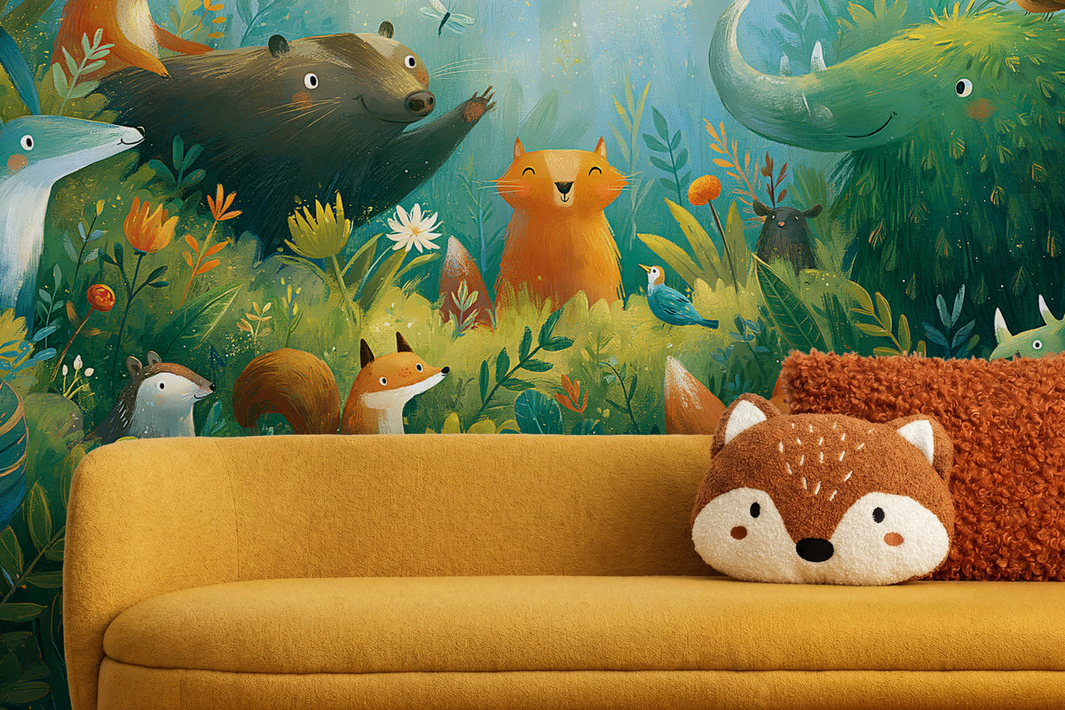 SUNLIT THICKET - malarska tapeta z leśnymi zwierzętami — CHILDREN'S ROOM - CLOSE UP ON THE PATTERN