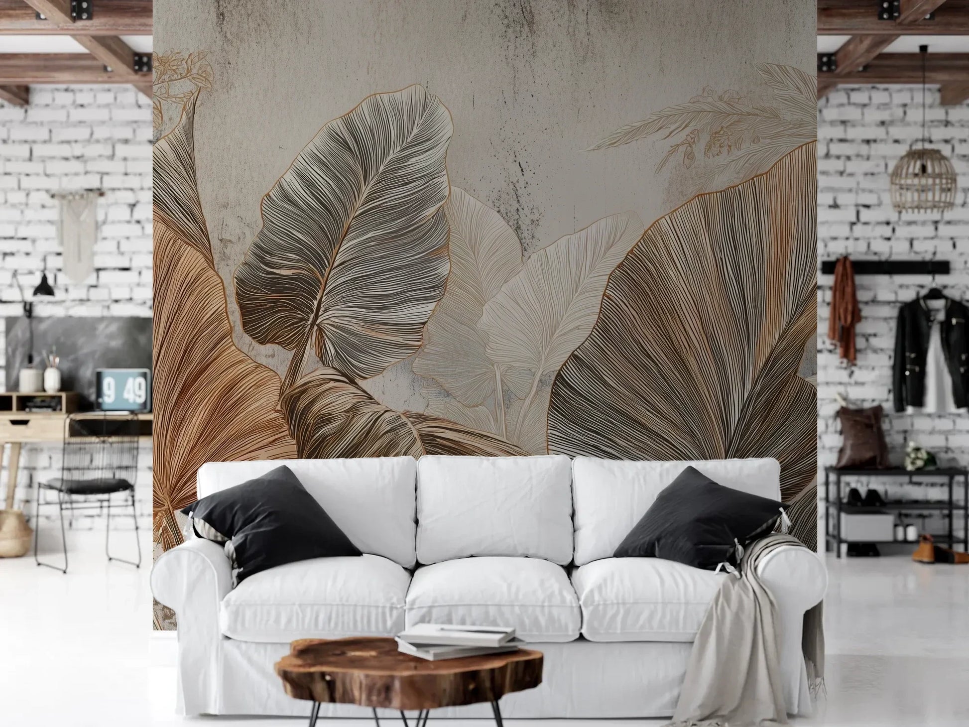 Wzór fototapety DESERT PALMS - tapeta z egzotycznymi liśćmi w ciepłych beżach pokazanej w aranżacji salonu.
