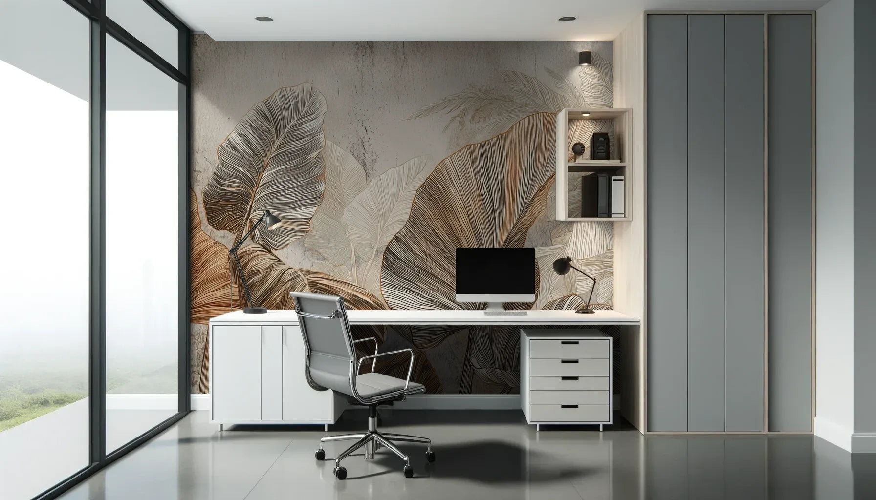 Fototapeta DESERT PALMS - tapeta z egzotycznymi liśćmi w ciepłych beżach pokazana w aranżacji biura.