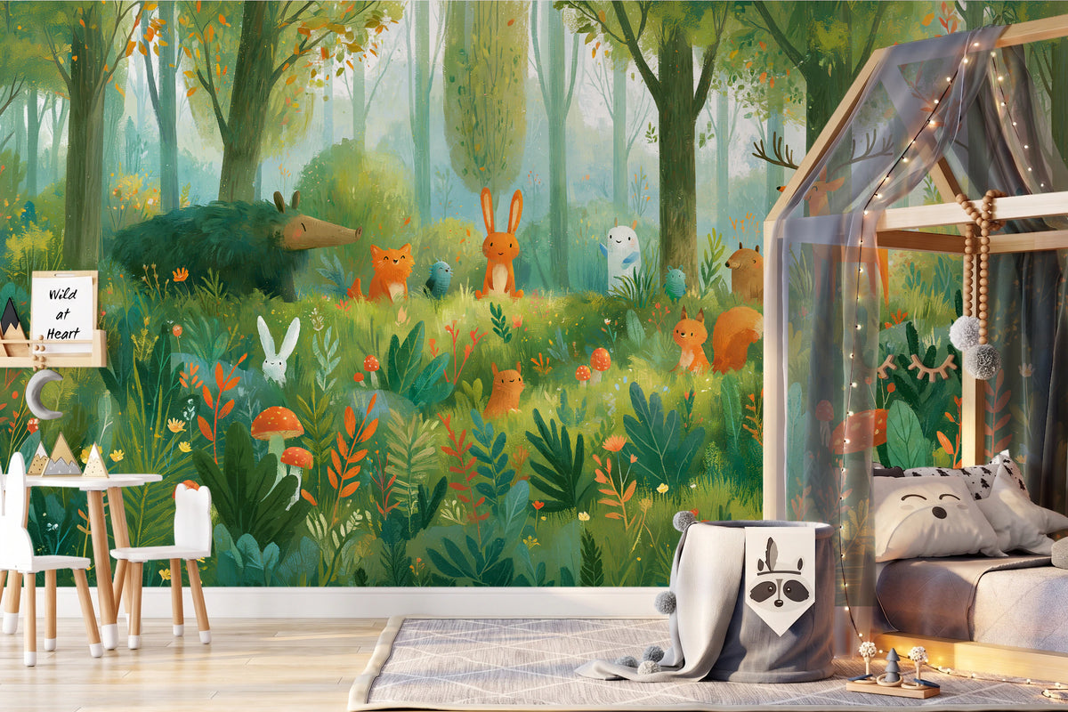 MOSSY GLADE - leśna polana ze zwierzętami w akwareli — KIDS — Pokój dziecięcy 06