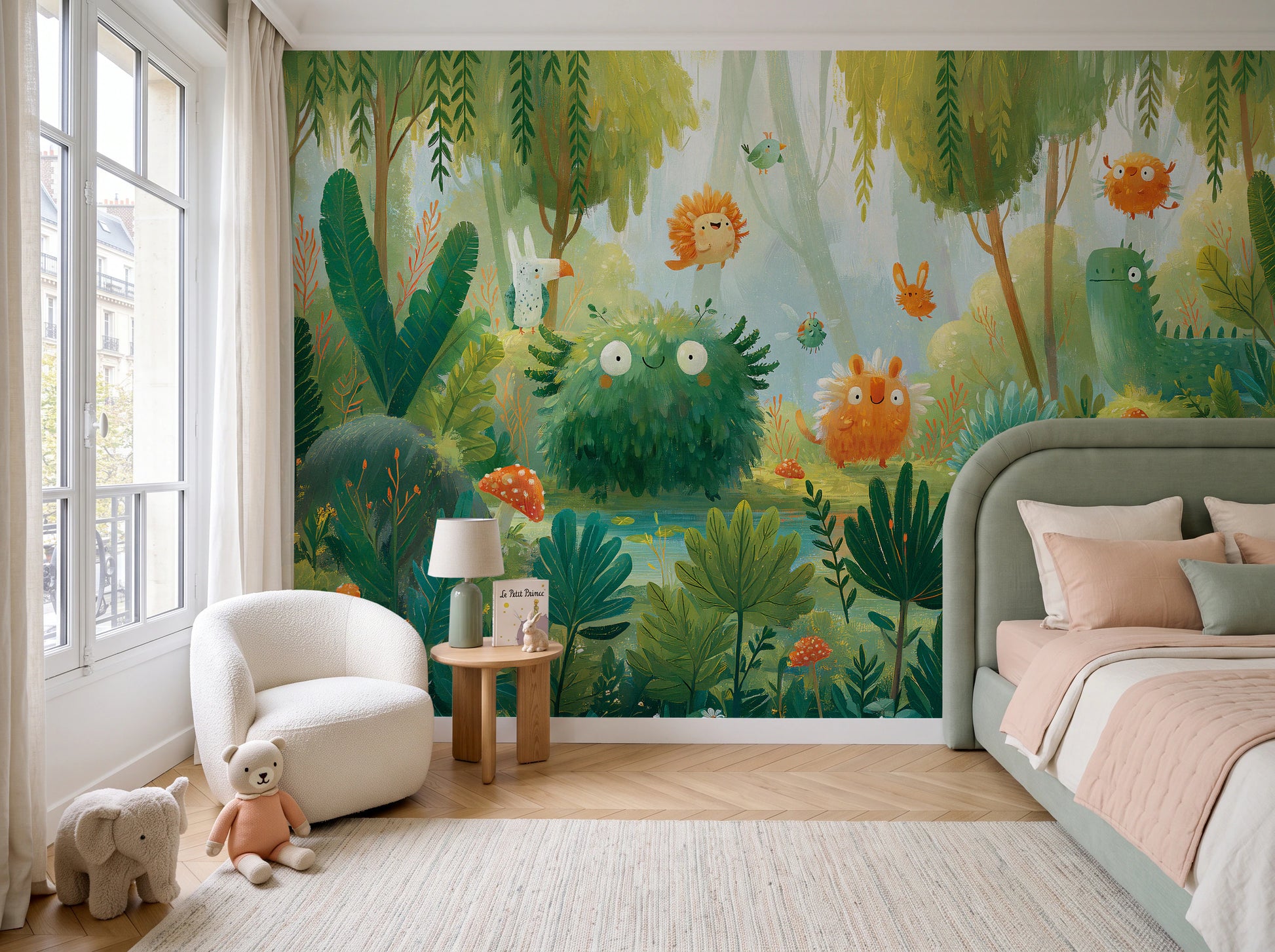 MOSSY POND - malowany las pełen puchatych stworków — children's room with window
