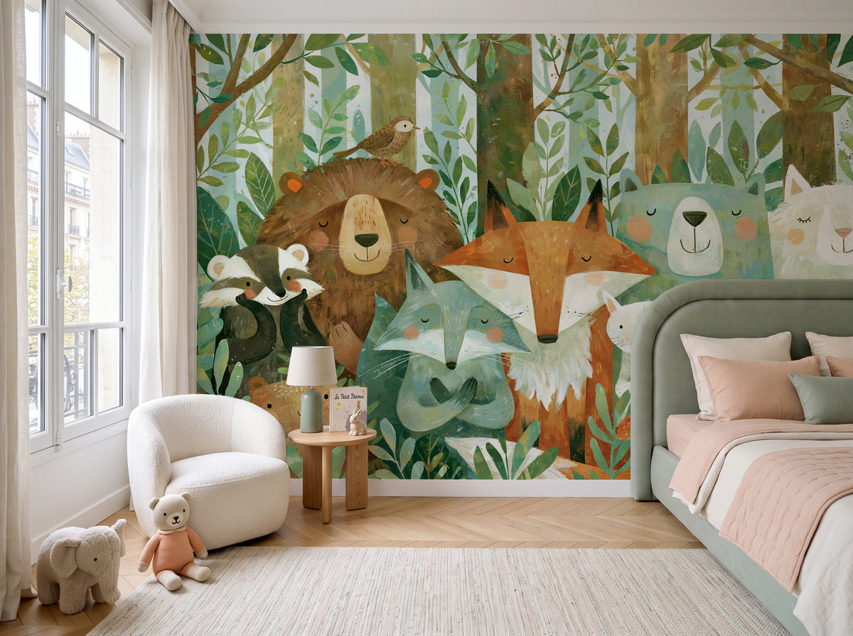 SLEEPY THICKET - tapeta z leśnymi zwierzętami dla dzieci — children's room with window