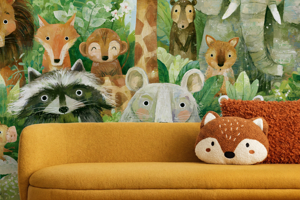 GREEN PARADE - tapeta ze zwierzętami wśród paproci — CHILDREN'S ROOM - CLOSE UP ON THE PATTERN