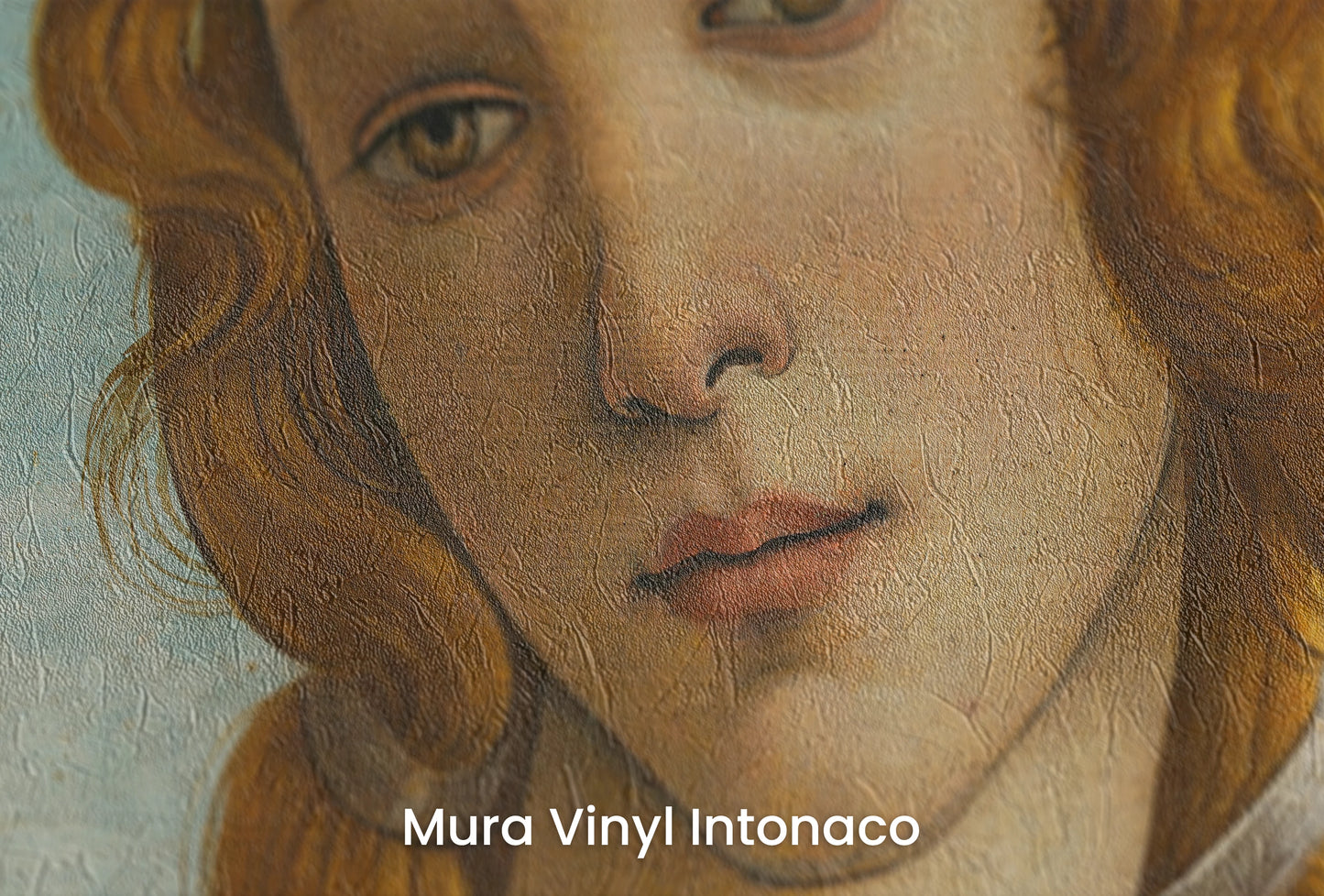 Reprodukcja 'Narodzin Wenus' autorstwa Sandro Botticellego w ultrawysokiej rozdzielczości 37740 x 23701 pikseli, przedstawiająca Wenus stojącą na muszli, otoczoną przez postacie i roślinność - wycinek na podłożu Mura Vinyl Intonaco - podłożu o fakturze tynku