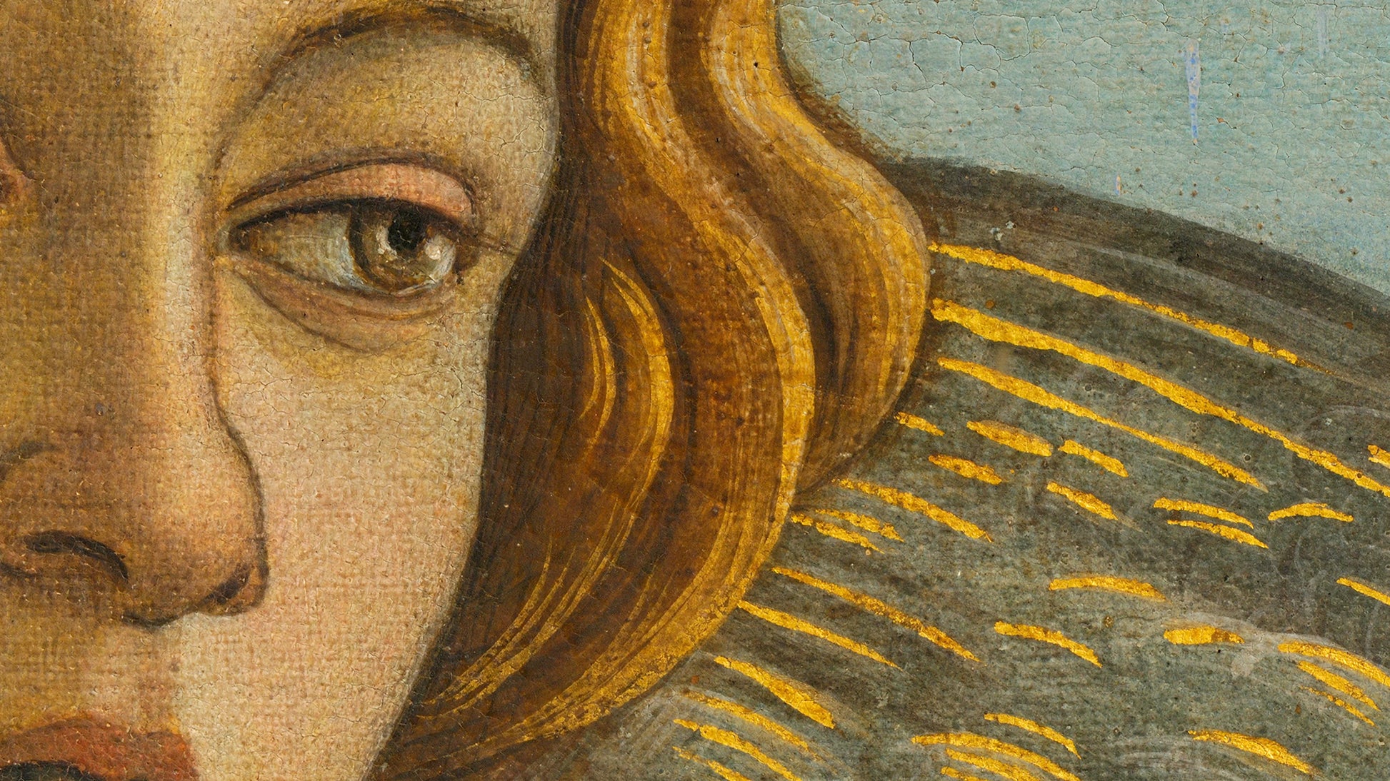 Detal twarzy Wenus z dzieła 'Narodziny Wenus' Botticellego, z wyjątkową precyzją detalów i kolorów, osiągniętą dzięki technologii DECOMURA AI