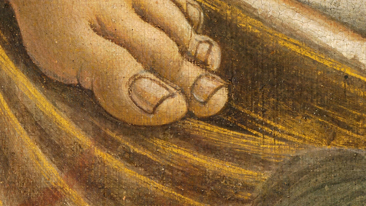 Detal stopy Wenus z dzieła 'Narodziny Wenus' Botticellego, z wyjątkową precyzją detalów i kolorów, osiągniętą dzięki technologii DECOMURA AI