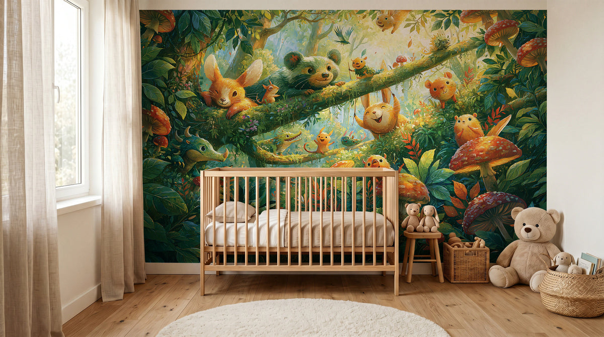 MOSSY BRANCH - tapeta z leśnymi zwierzątkami wśród muchomorów — KIDS room - baby cot