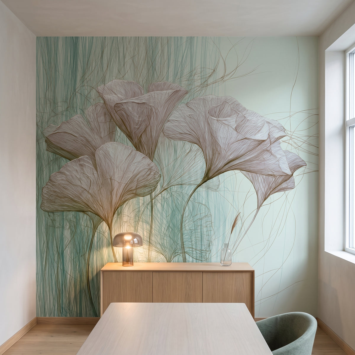 ABALONE mis en scène dans une salle de réunion d'un atelier d'architecture à Oslo, devant le mur un meuble bas en chêne